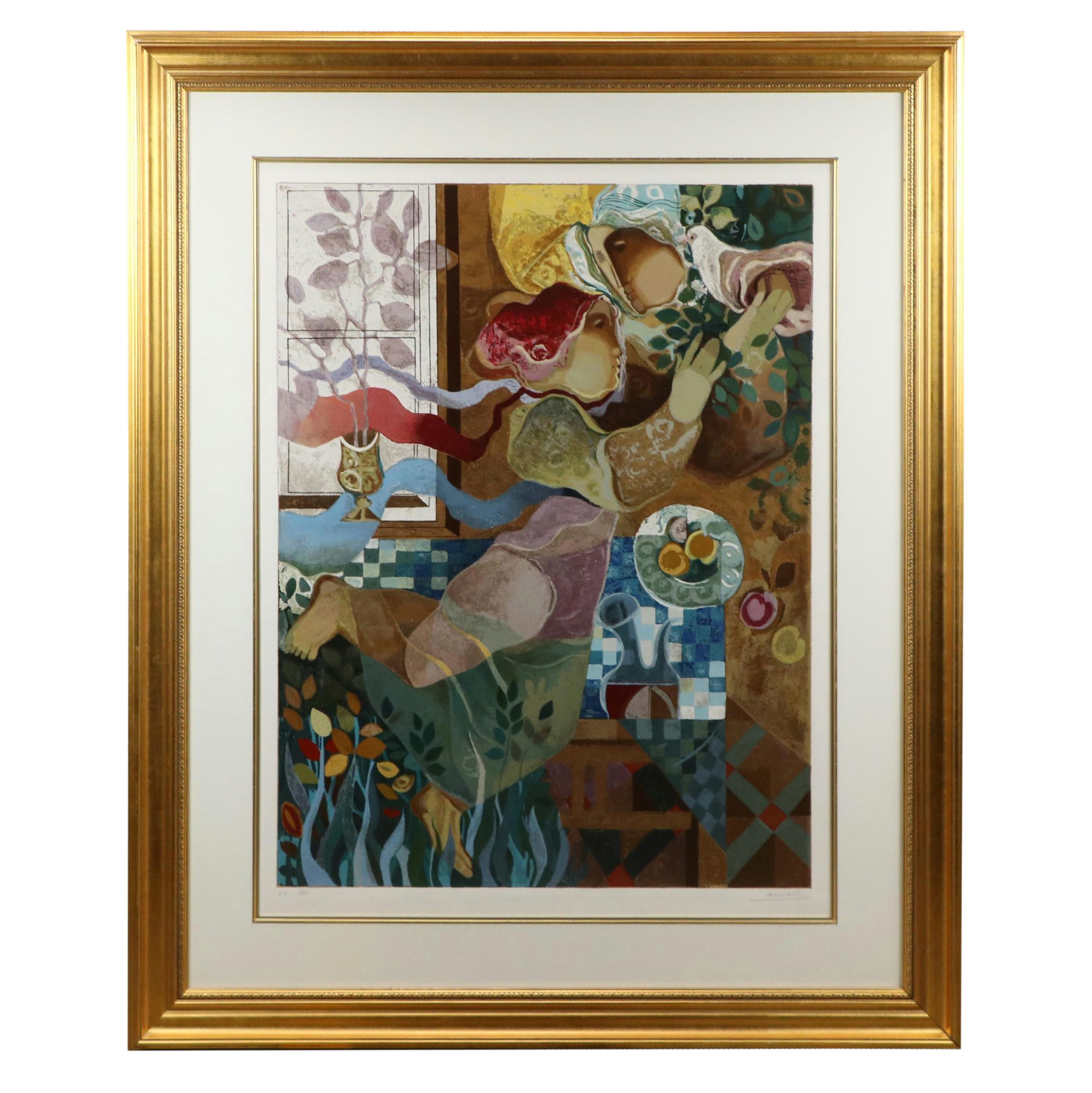 Alvar Suñol Folk Style Serigraph of Allegorical Scene "The Offering"