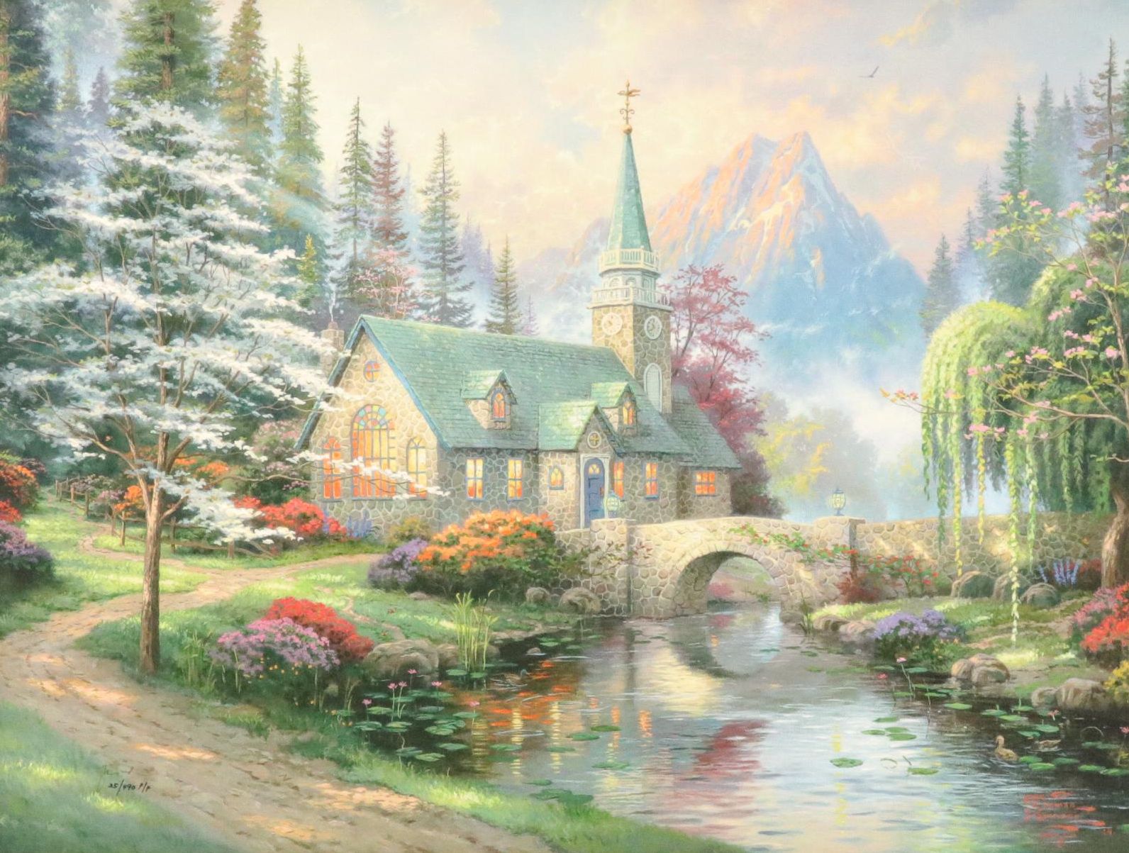 Thomas Kinkade Offset Lithograph "Dogwood Chapel"