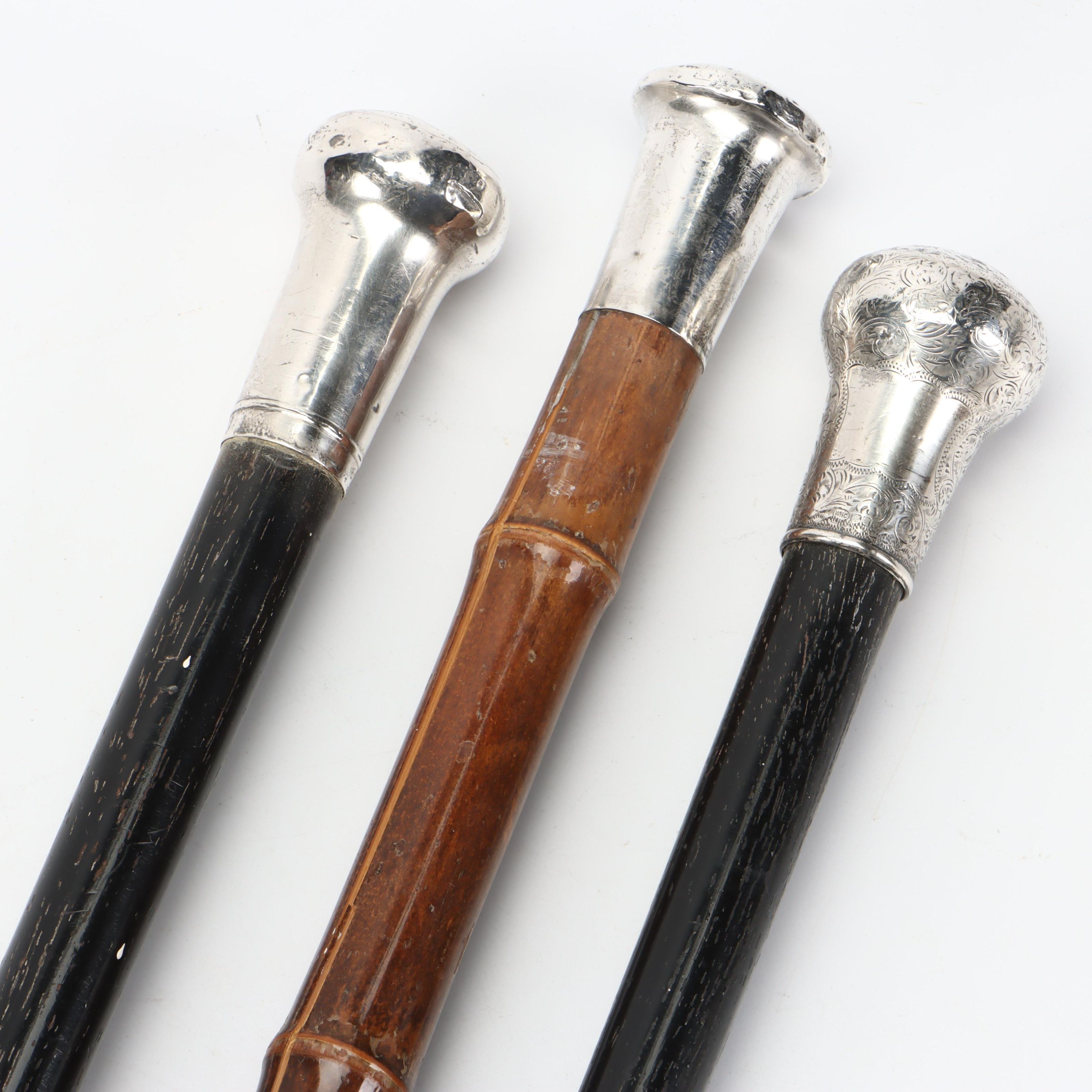 English Sterling Silver Handled Walking Canes, Late 19th / Early 20th Century