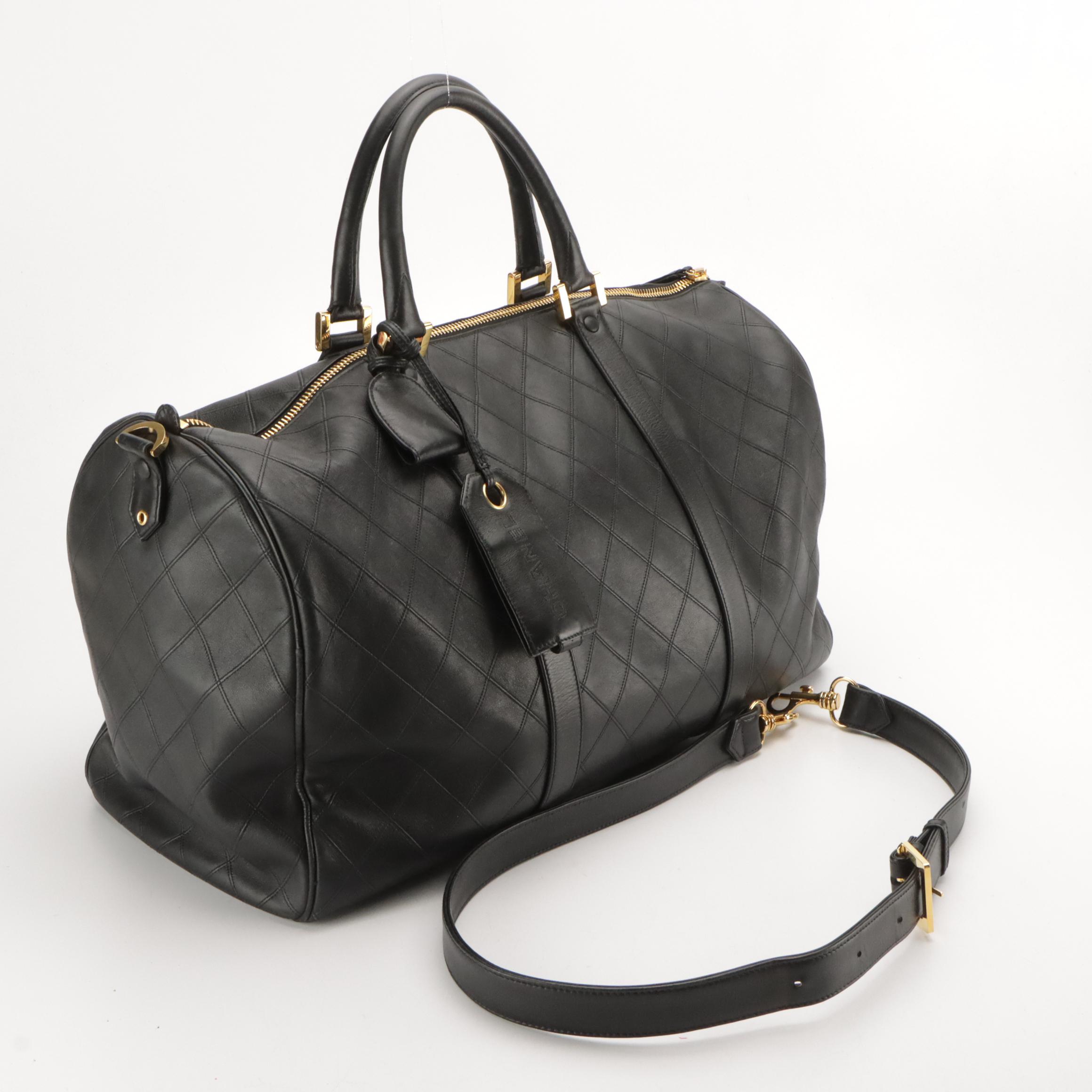 Chanel Two-Way Travel Duffle Bag in Black Diamond Stitched Lambskin Leather