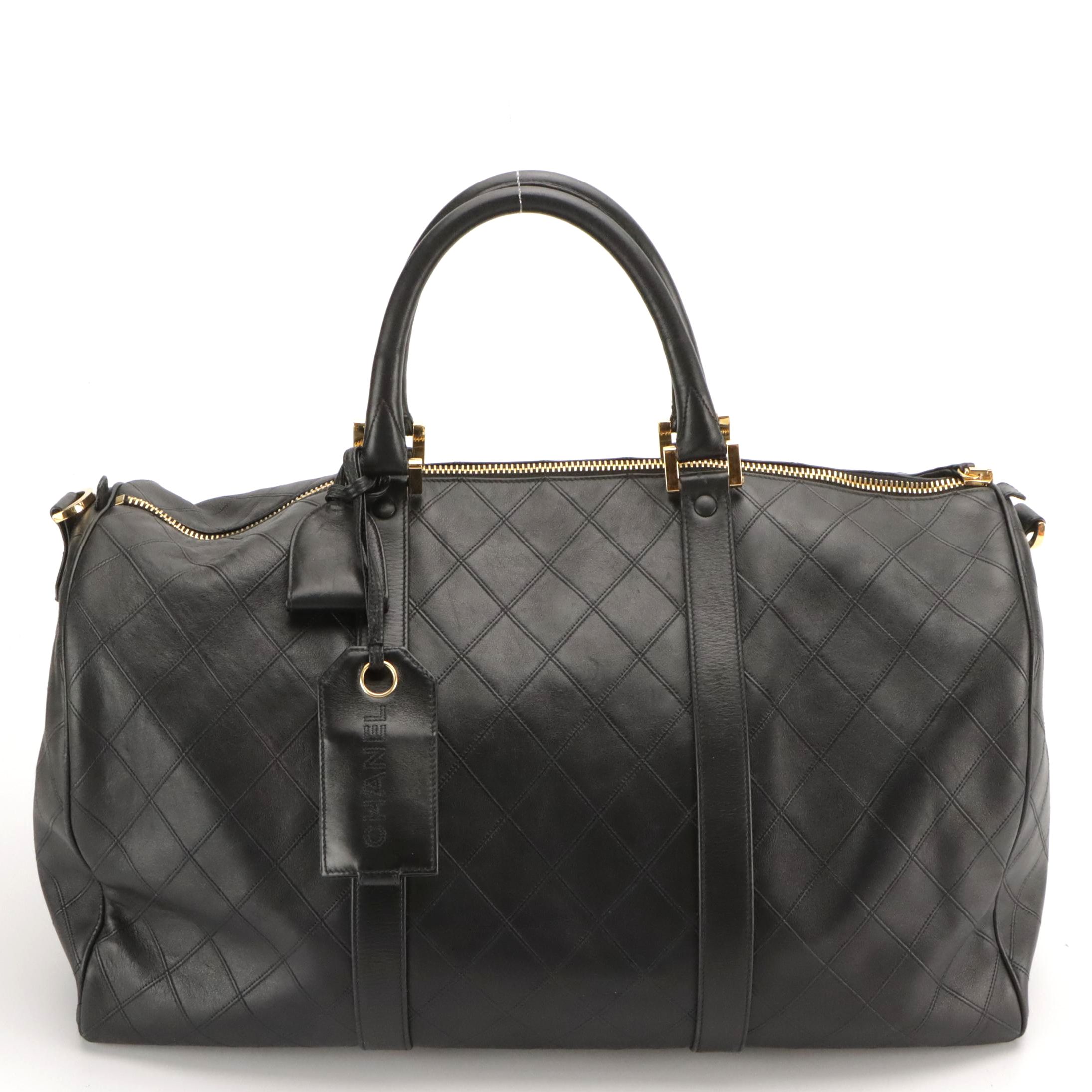 Chanel Two-Way Travel Duffle Bag in Black Diamond Stitched Lambskin Leather