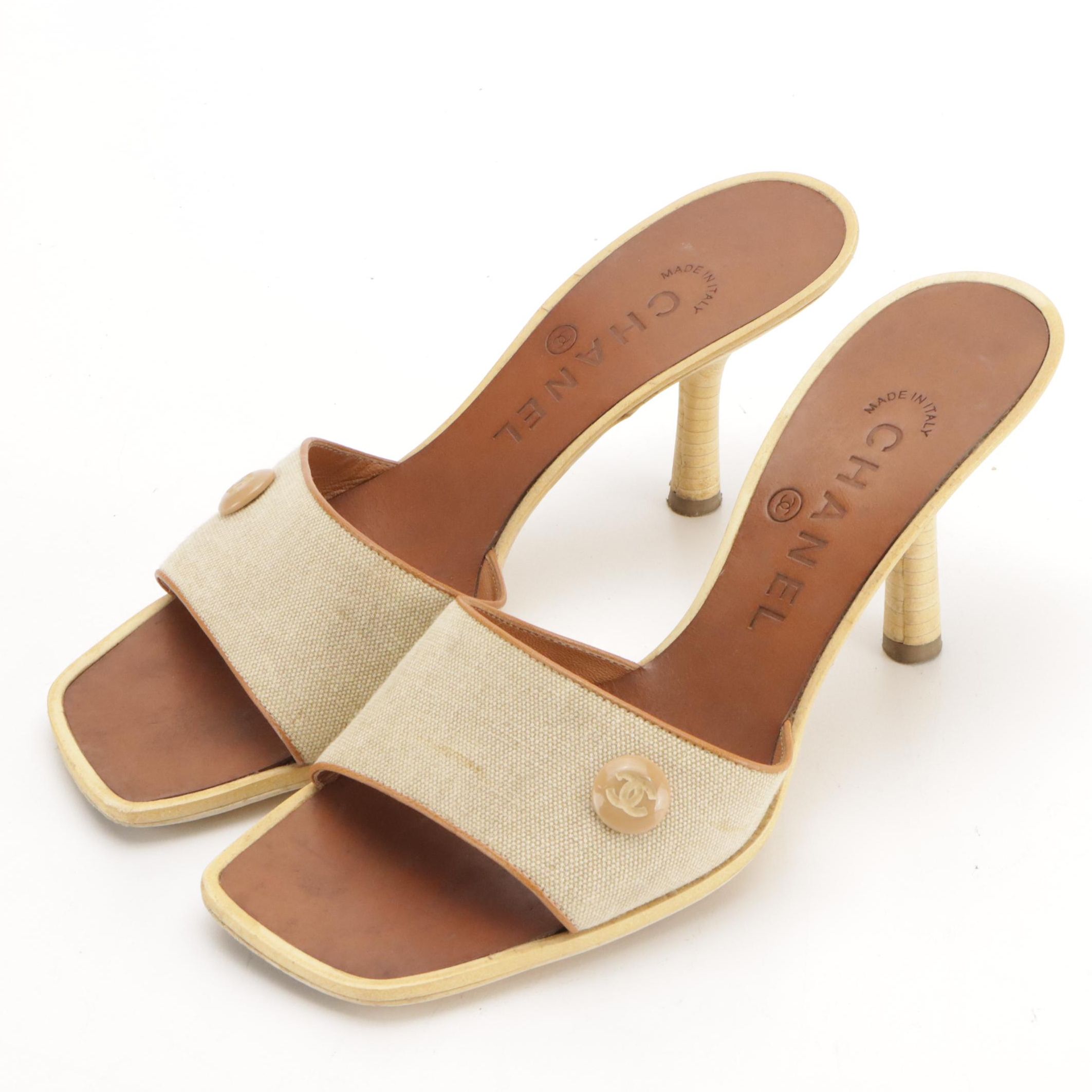 Chanel Beige Canvas Mule Sandals in Box