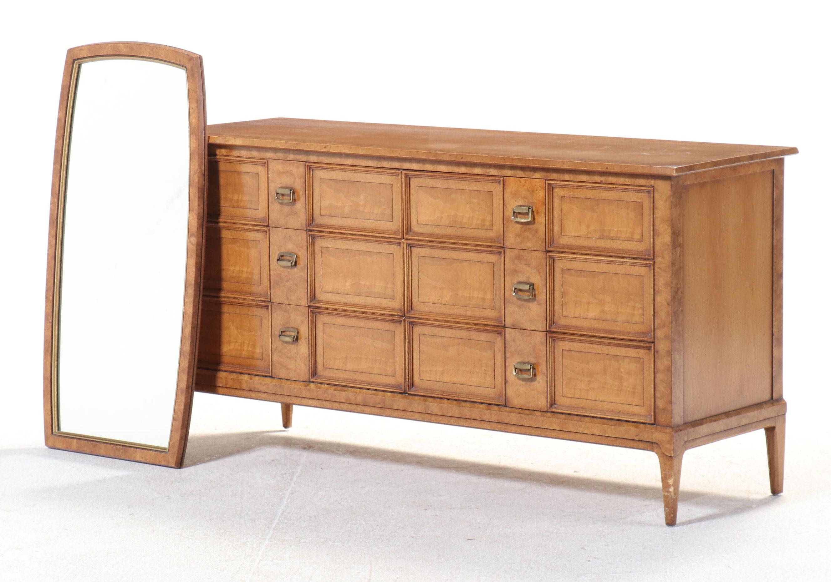 Henredon "Sequent" Burl Wood Dresser with Mirror, Mid-20th Century