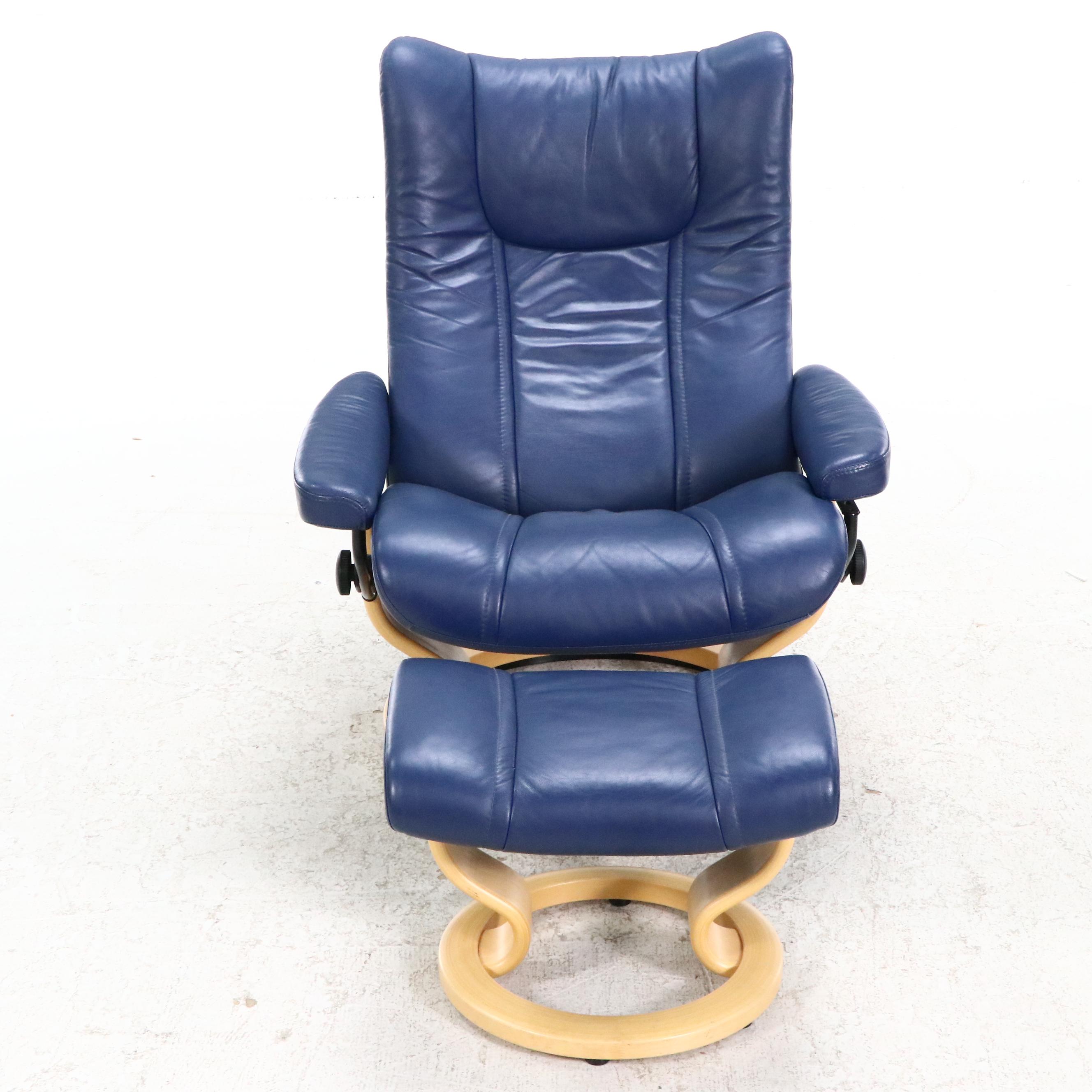 Danish Ekornes Stressless Chair and Console in Blue Leather and Birch, 21st C