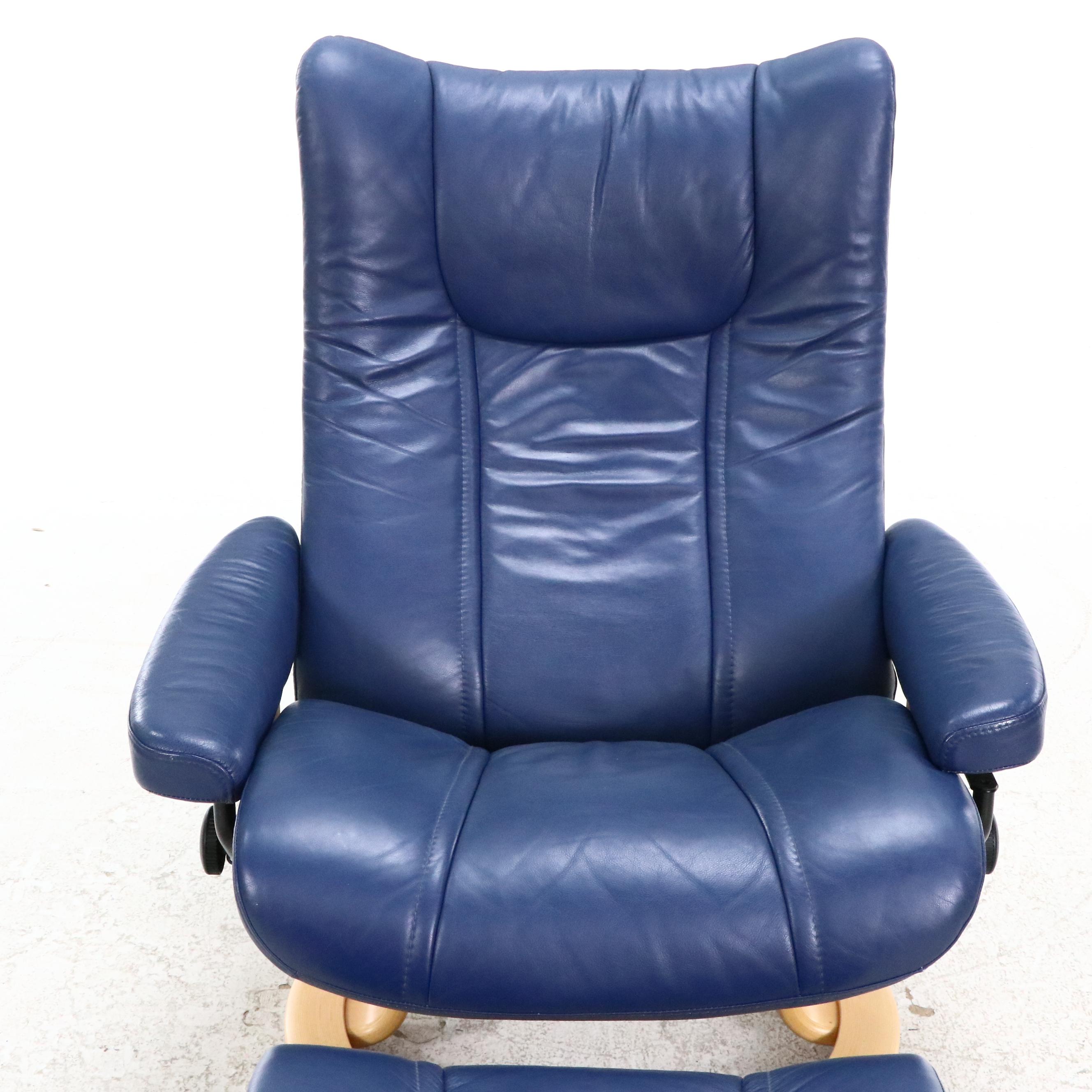 Danish Ekornes Stressless Chair and Console in Blue Leather and Birch, 21st C
