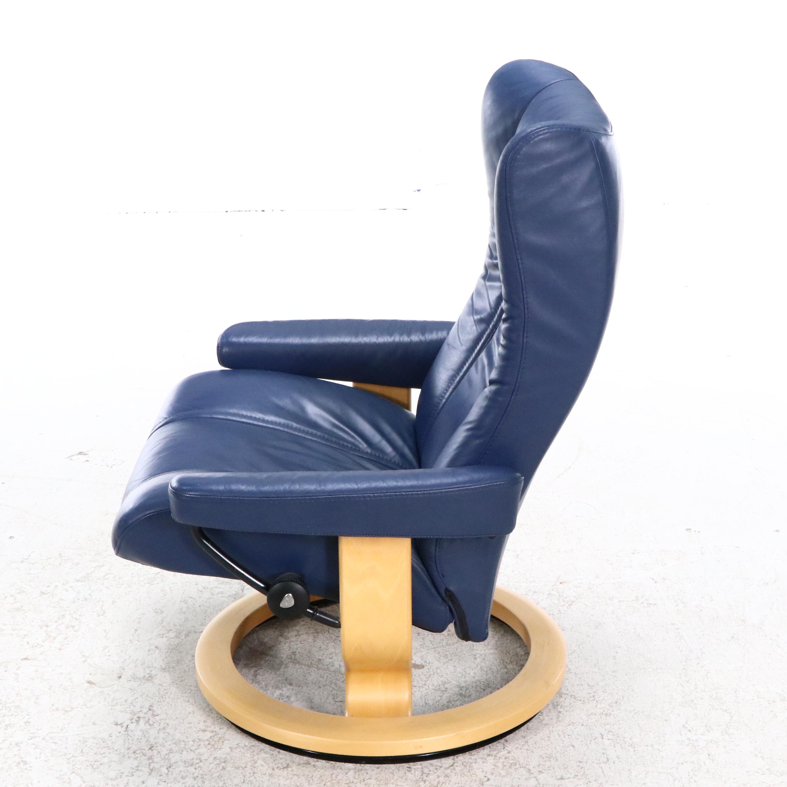 Danish Ekornes Stressless Chair and Console in Blue Leather and Birch, 21st C