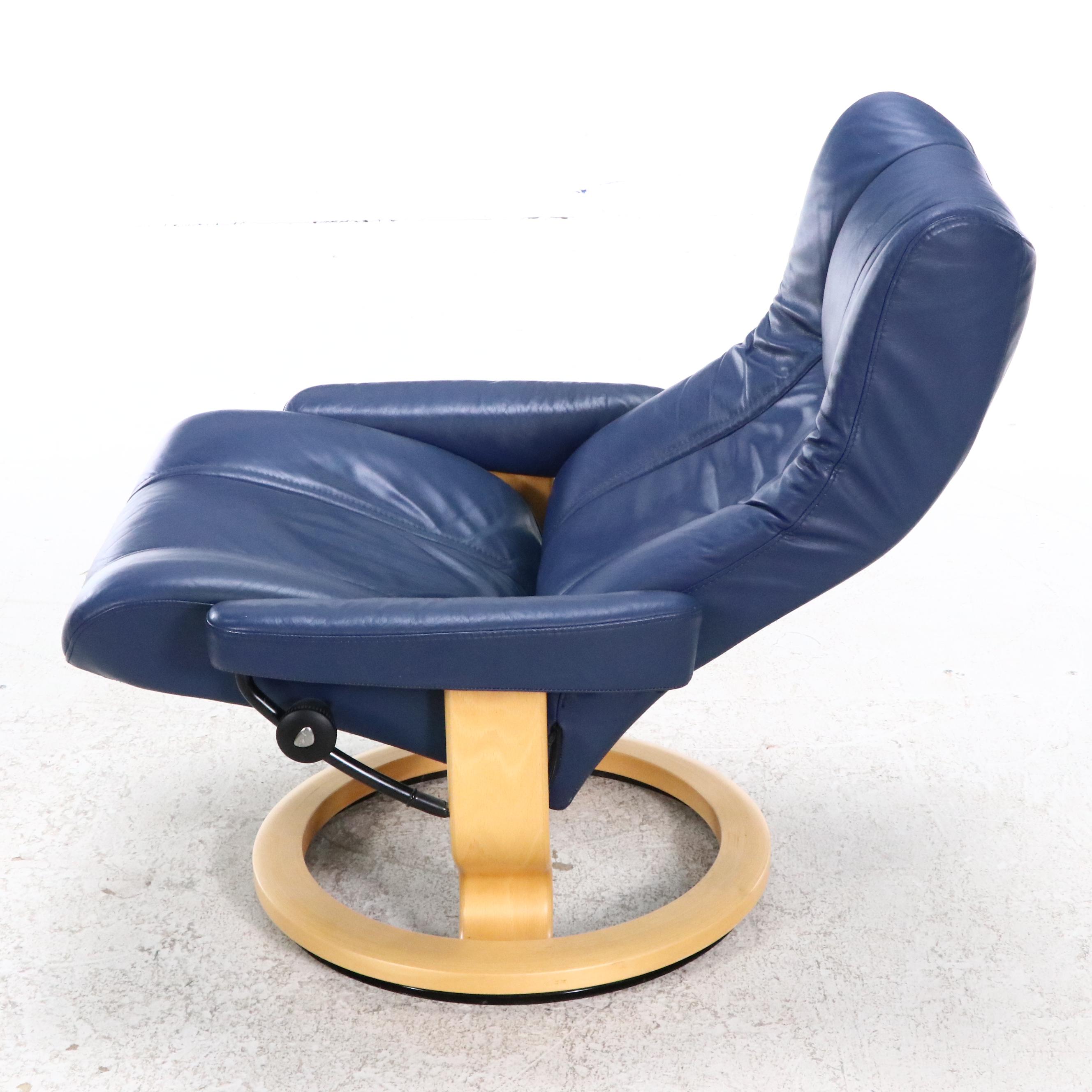 Danish Ekornes Stressless Chair and Console in Blue Leather and Birch, 21st C