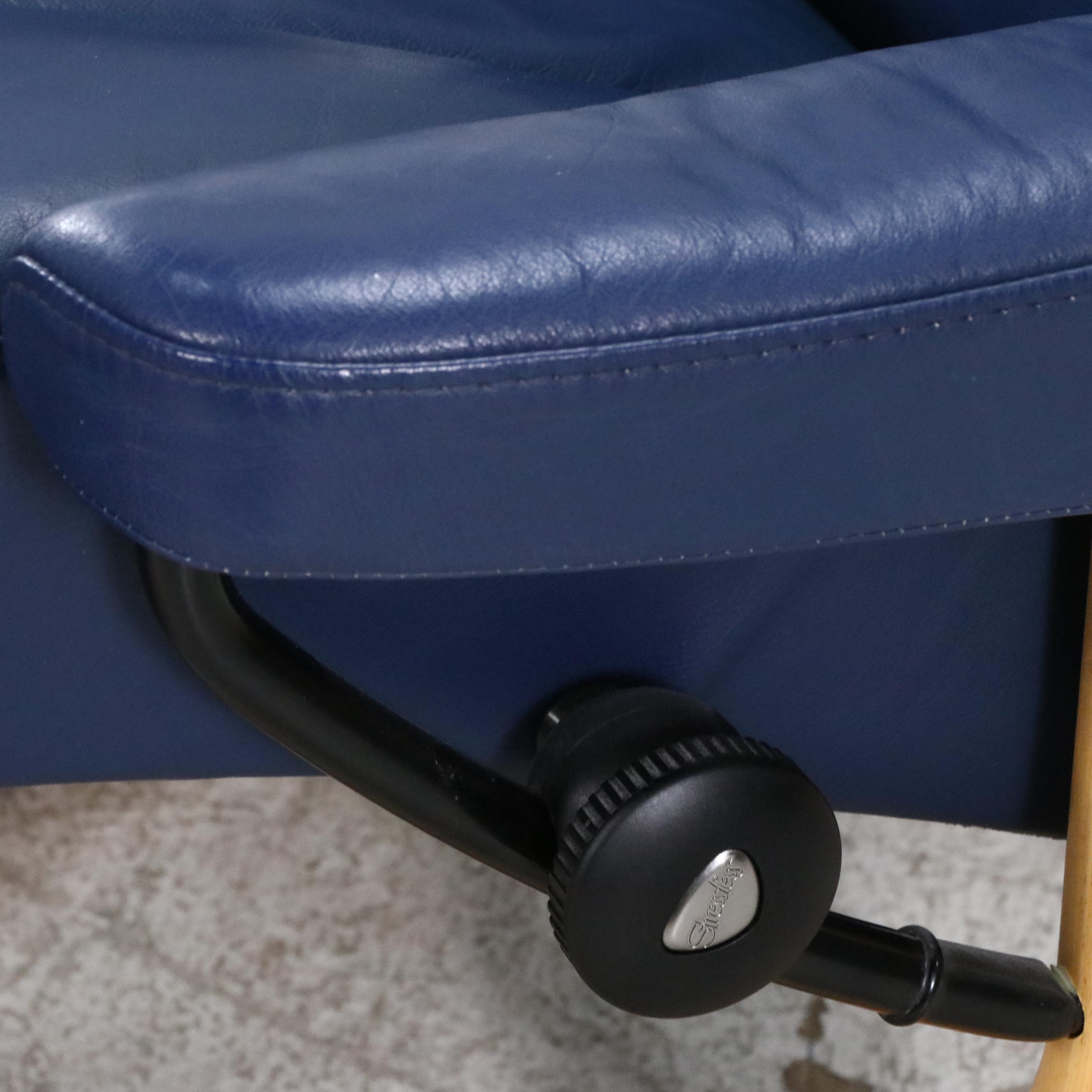 Danish Ekornes Stressless Chair and Console in Blue Leather and Birch, 21st C