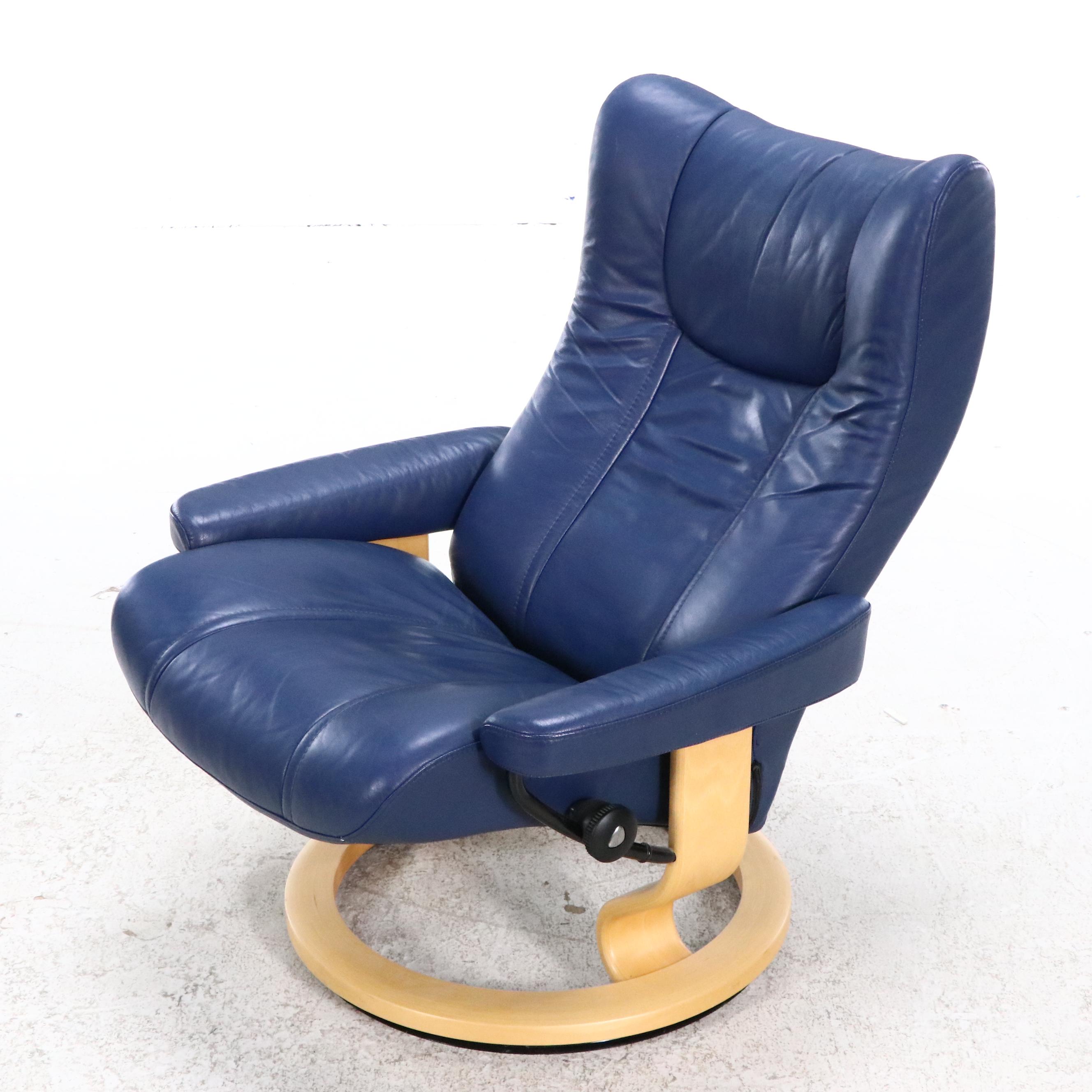 Danish Ekornes Stressless Chair and Console in Blue Leather and Birch, 21st C