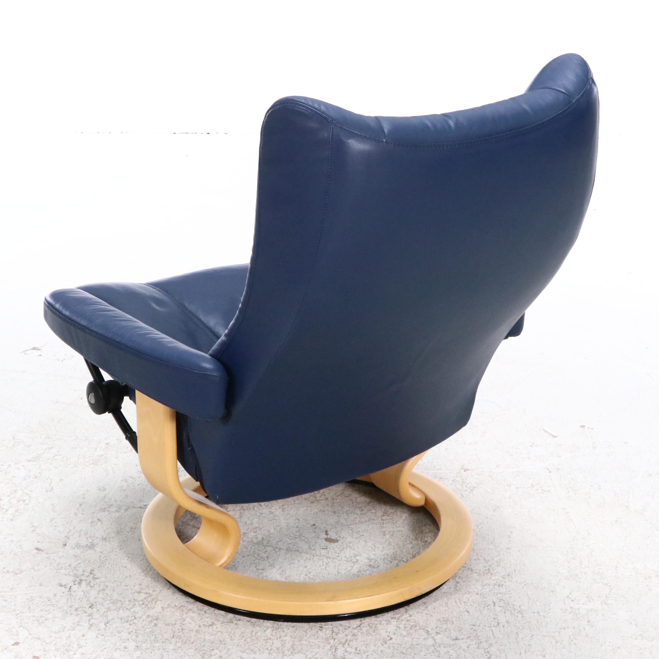Danish Ekornes Stressless Chair and Console in Blue Leather and Birch, 21st C