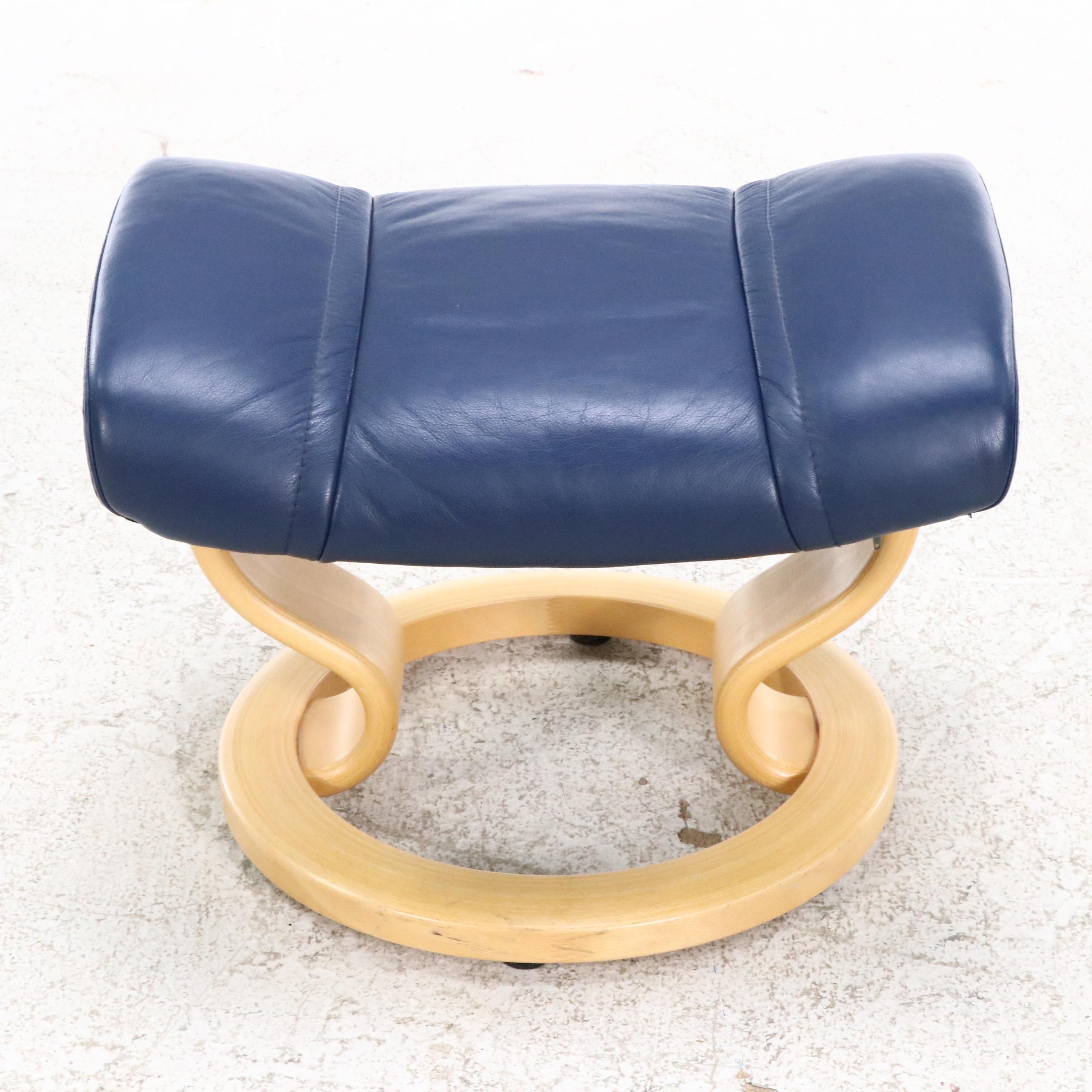 Danish Ekornes Stressless Chair and Console in Blue Leather and Birch, 21st C