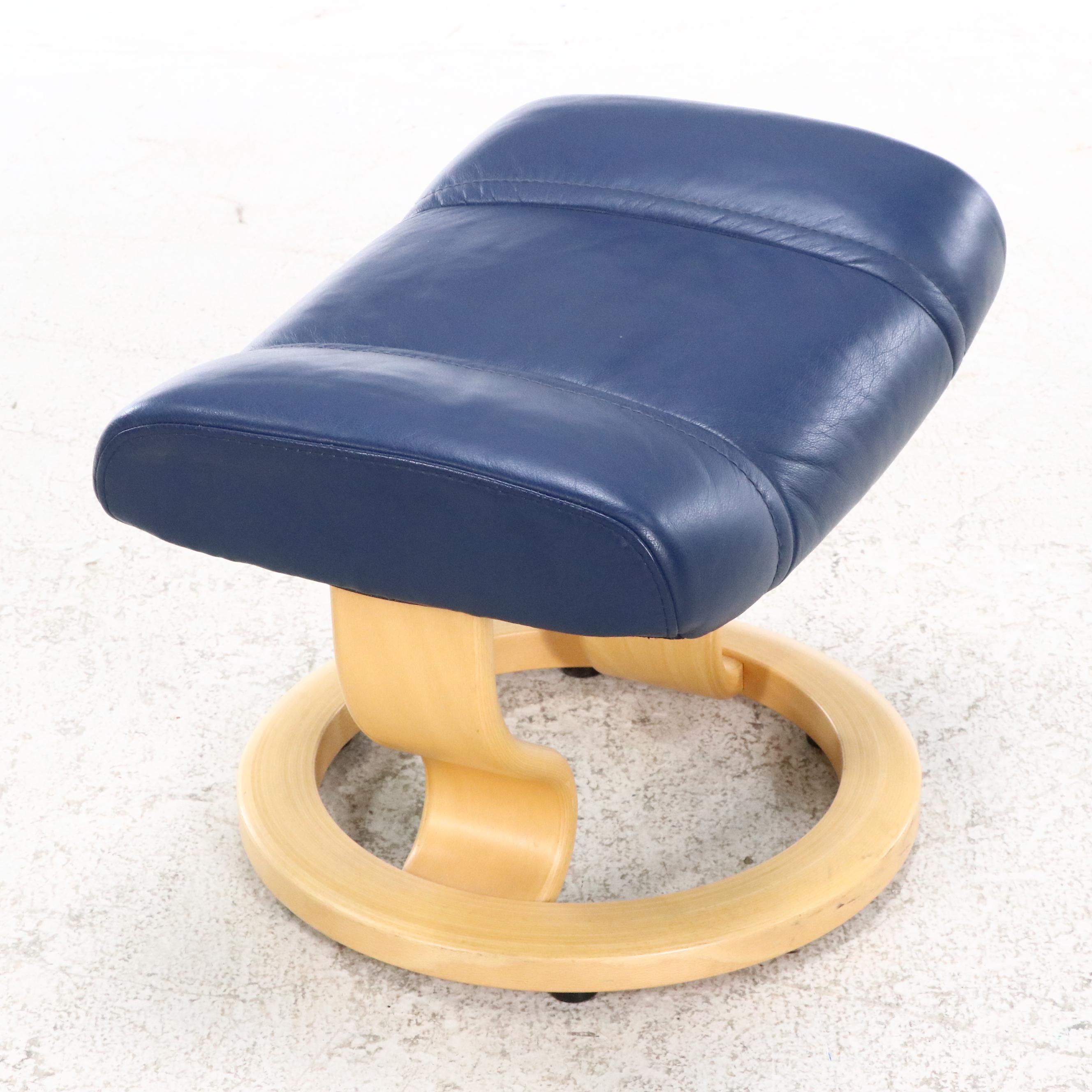 Danish Ekornes Stressless Chair and Console in Blue Leather and Birch, 21st C