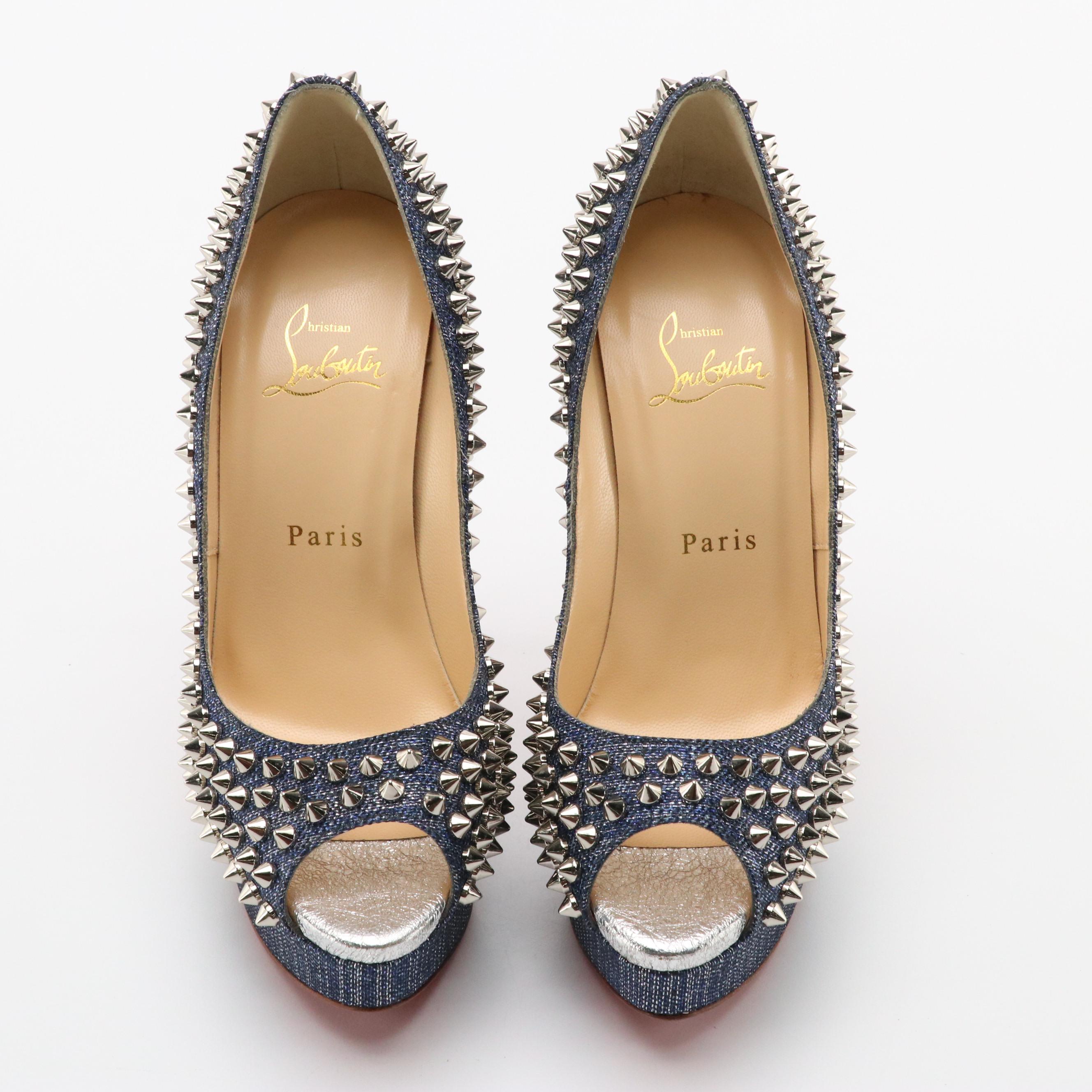 Christian Louboutin Blue Arancio Denim Lady Peep-Toe Spike 150 Platform Pumps