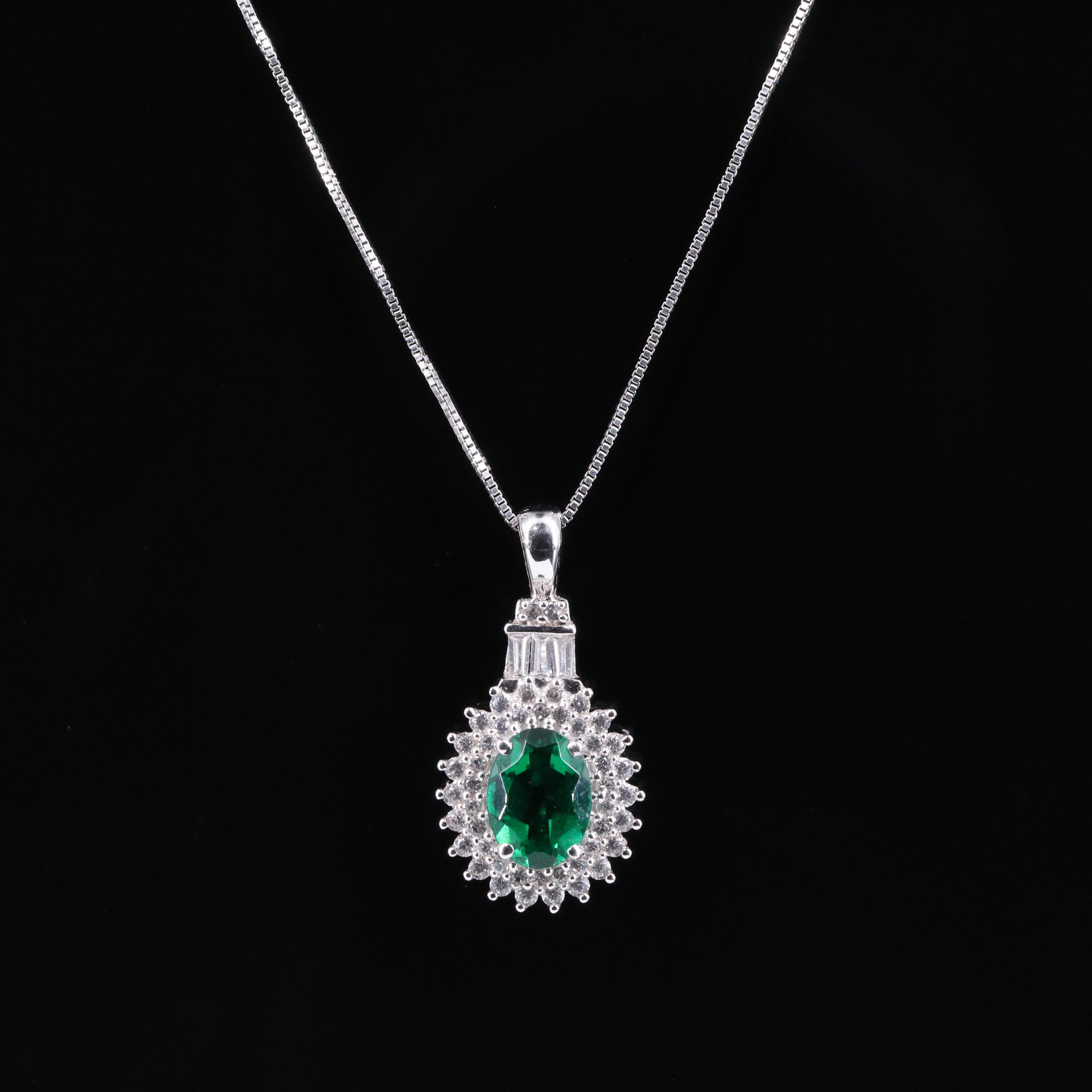 Sterling Emerald and White Sapphire Pendant Necklace