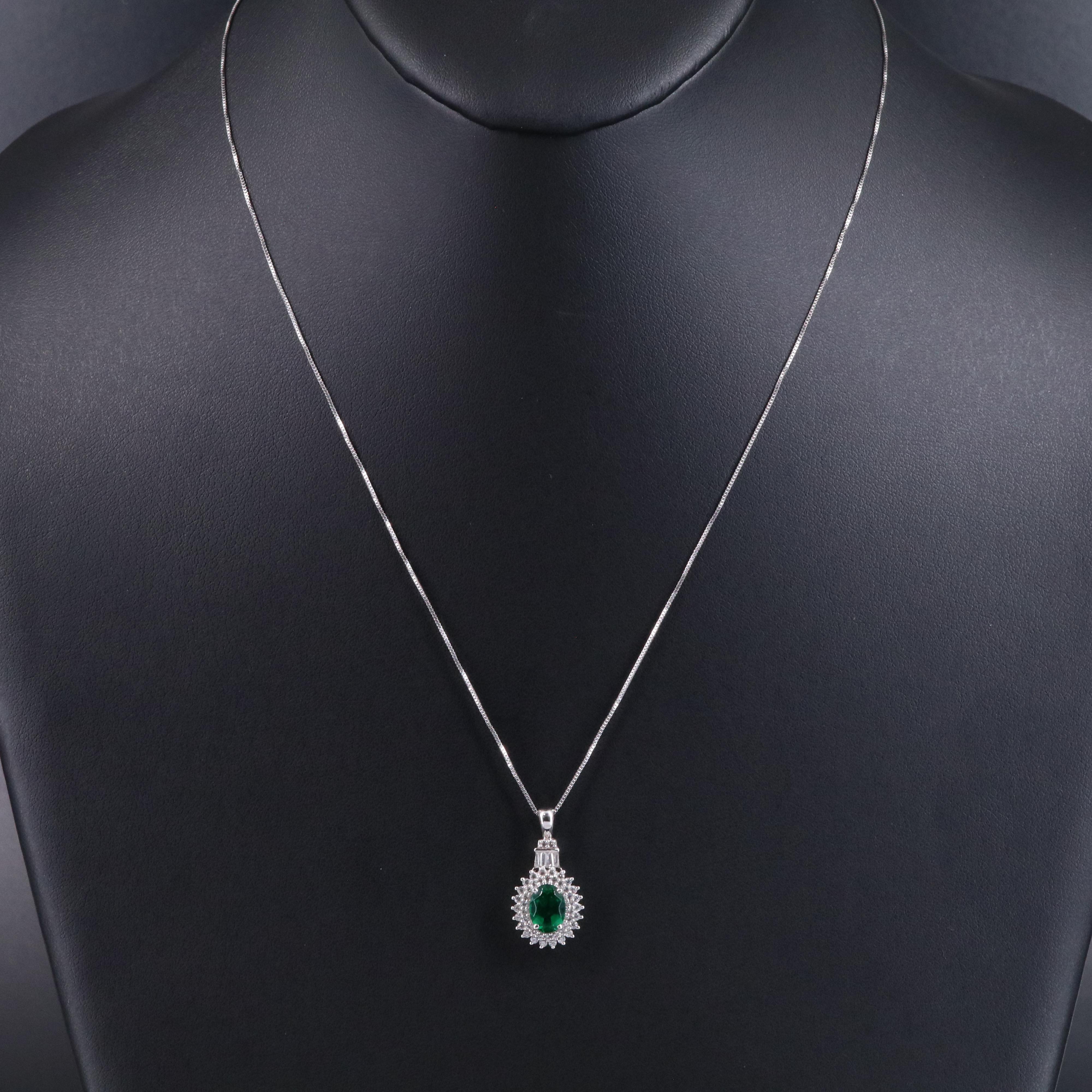 Sterling Emerald and White Sapphire Pendant Necklace