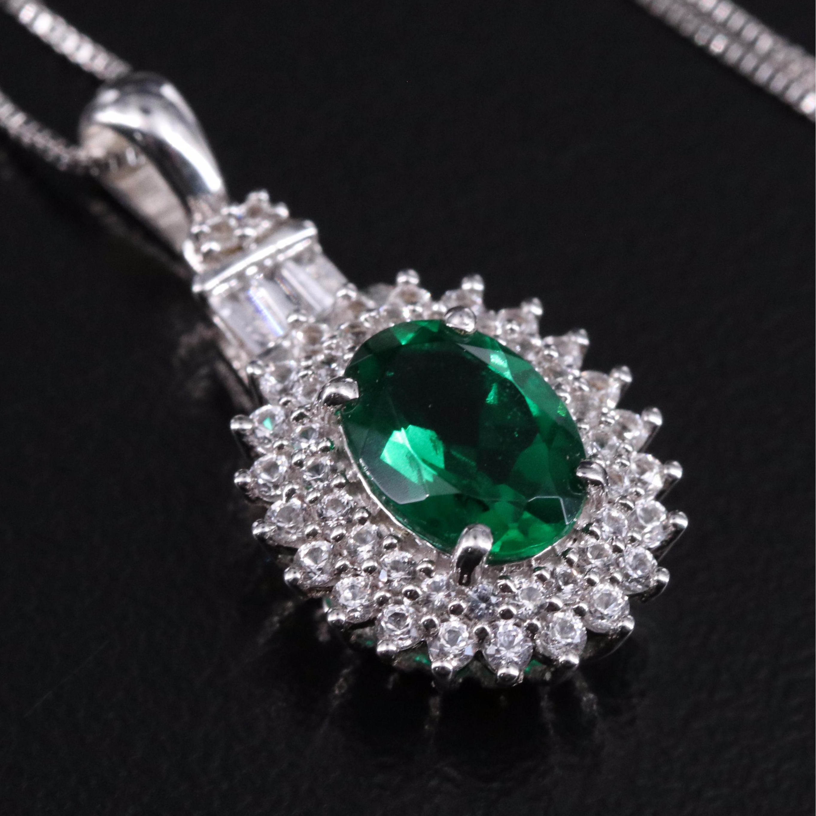 Sterling Emerald and White Sapphire Pendant Necklace