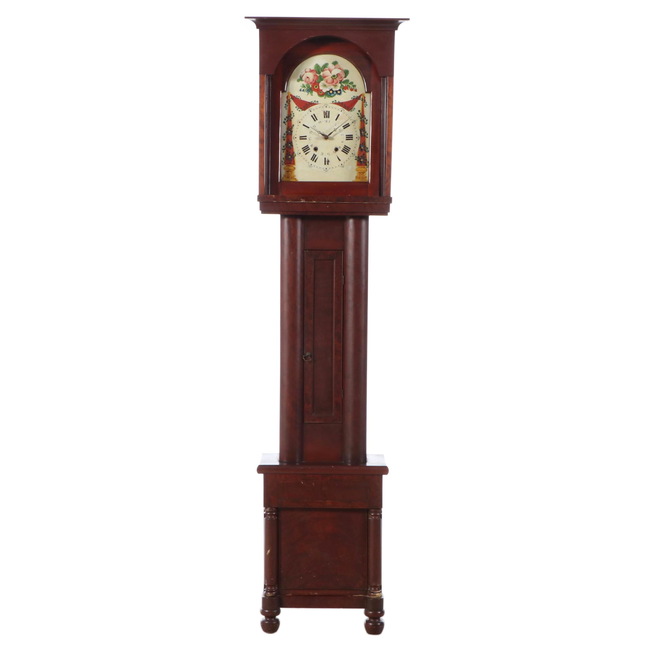 Federal Style Mahogany Case Grandfather Clock with Hand-Painted Enamel Flace