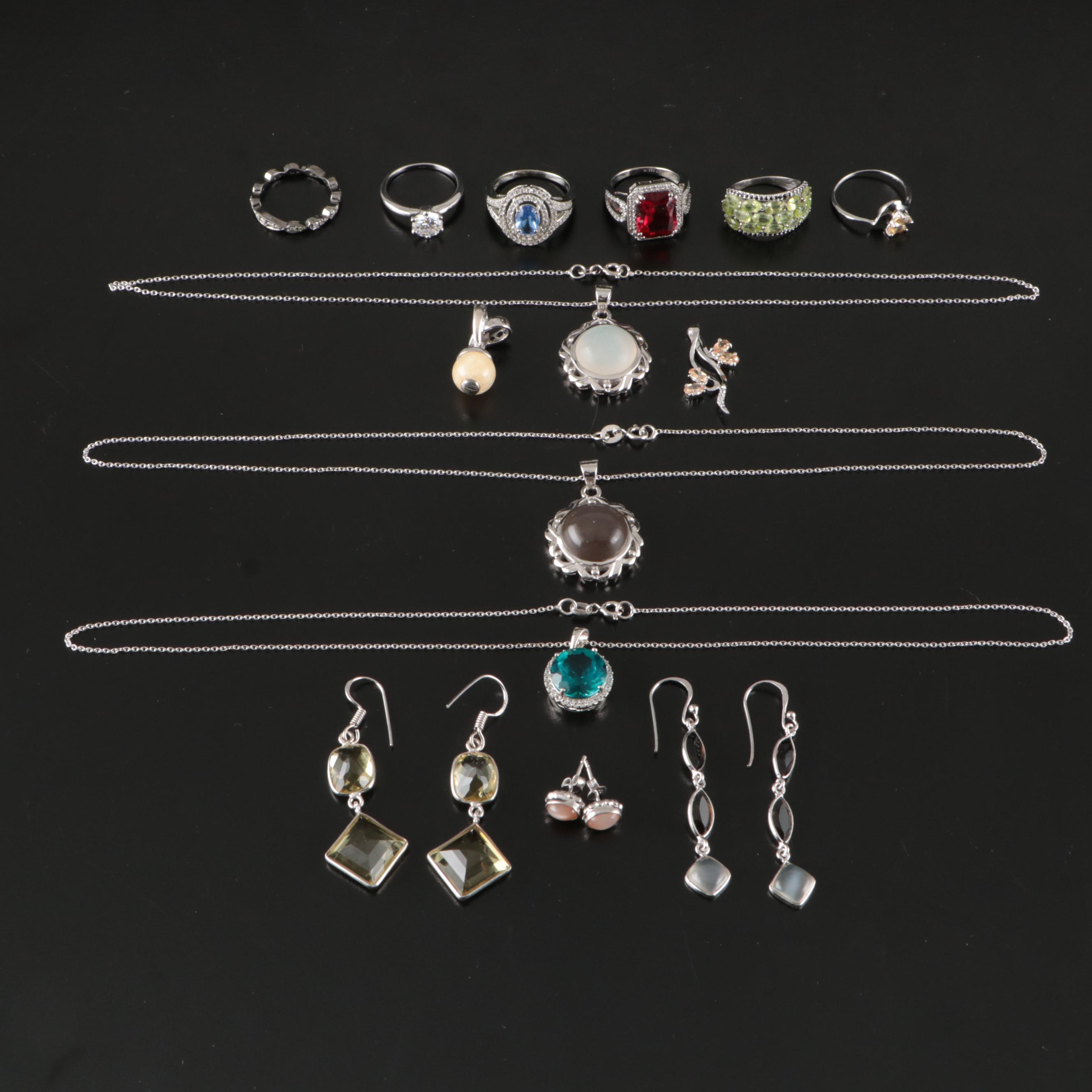 14 Assorted Sterling Silver Rings, Necklaces, Earrings, and Pendants