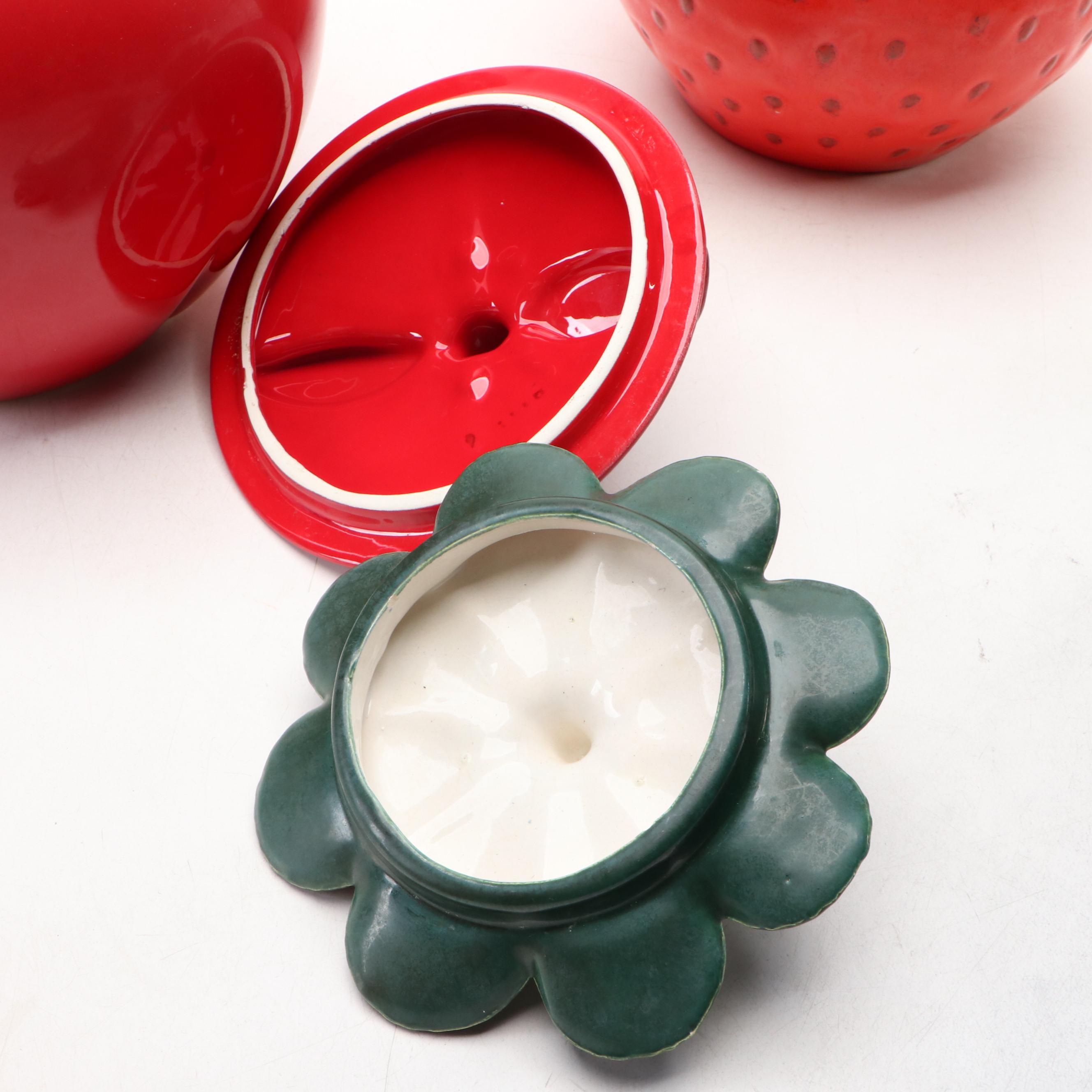 Ceramic Apple and Strawberry Shaped Cookie Jars with Other Ceramic Tableware
