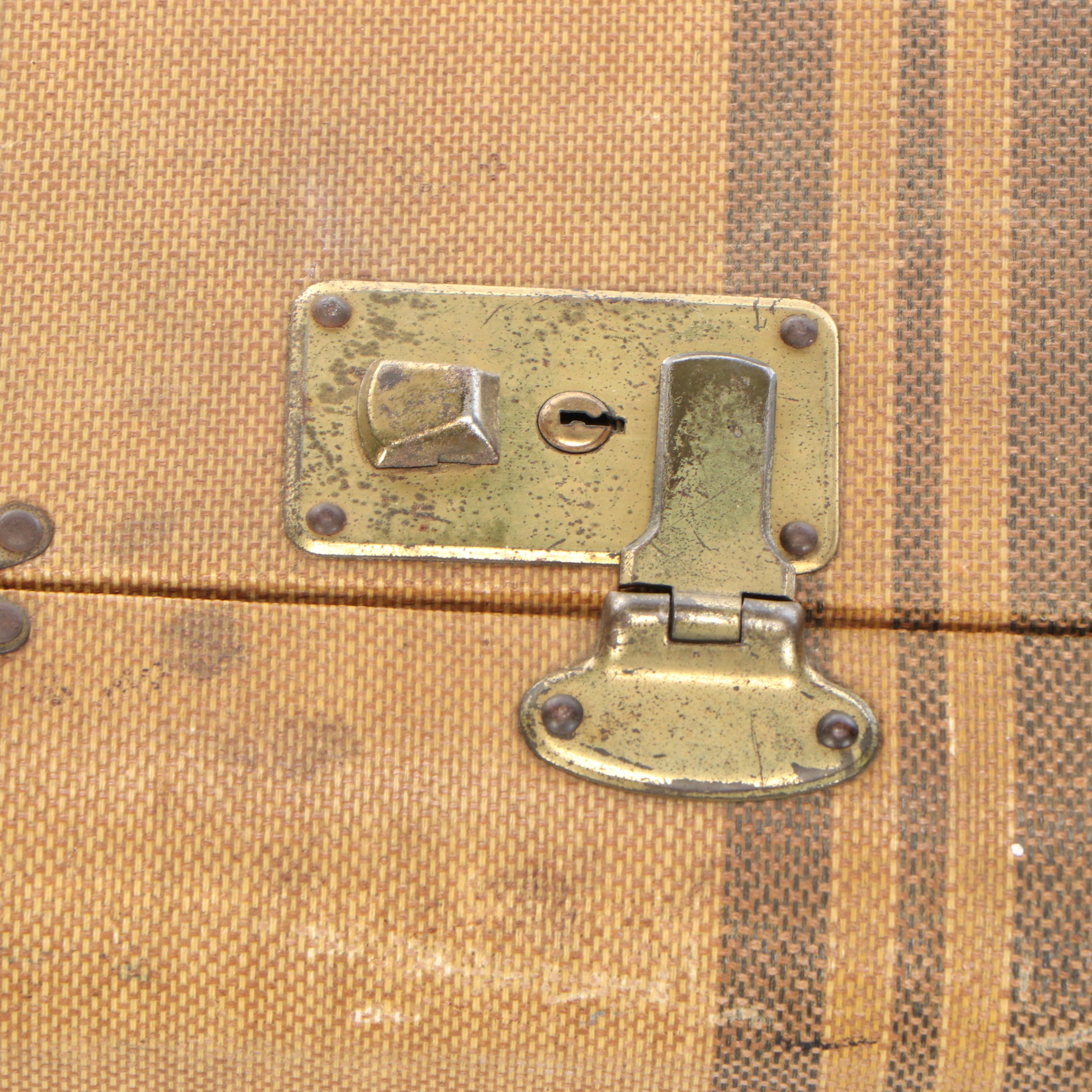 Art Deco Style Striped Canvas and Leather Suitcase, Early to Mid-20th Century