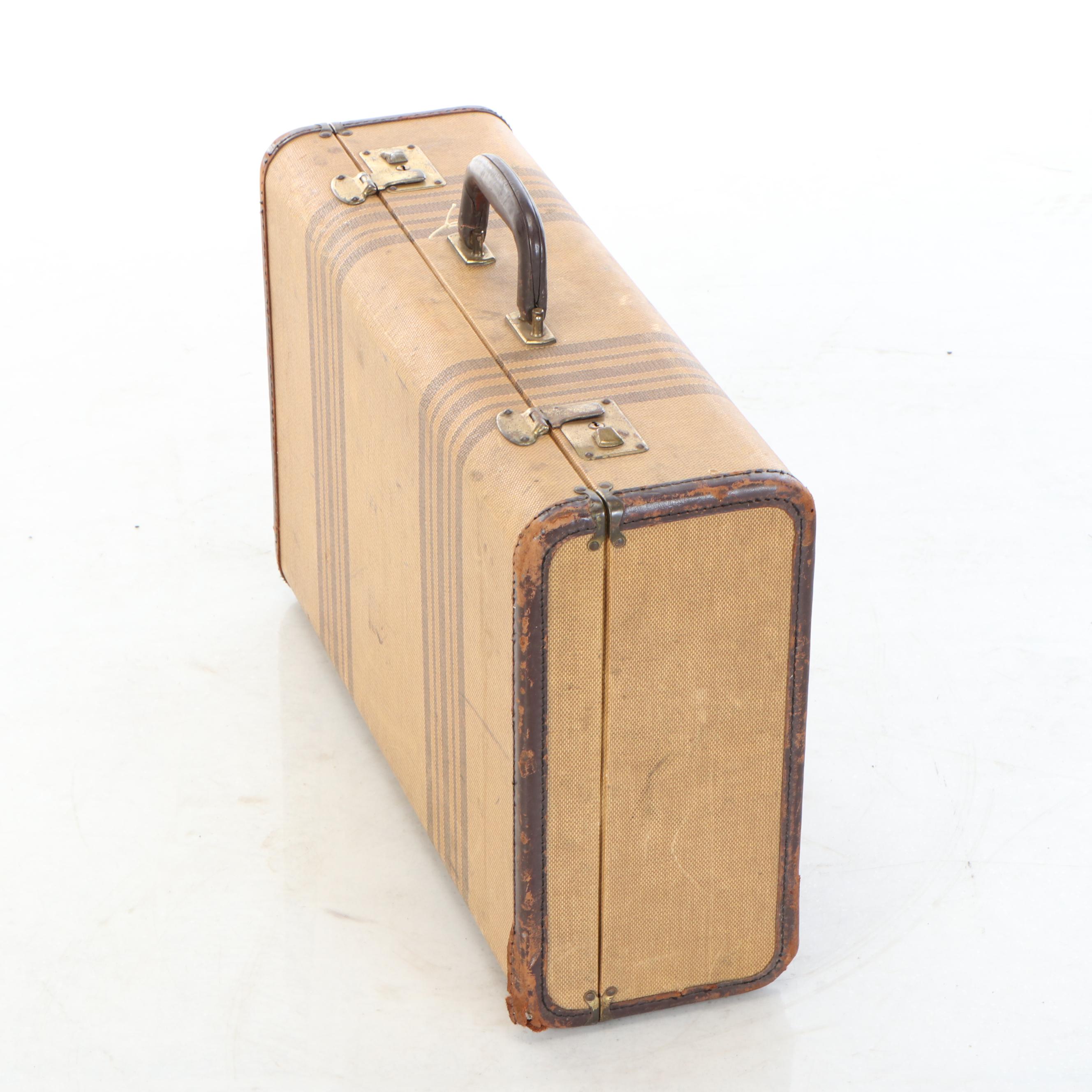 Art Deco Style Striped Canvas and Leather Suitcase, Early to Mid-20th Century
