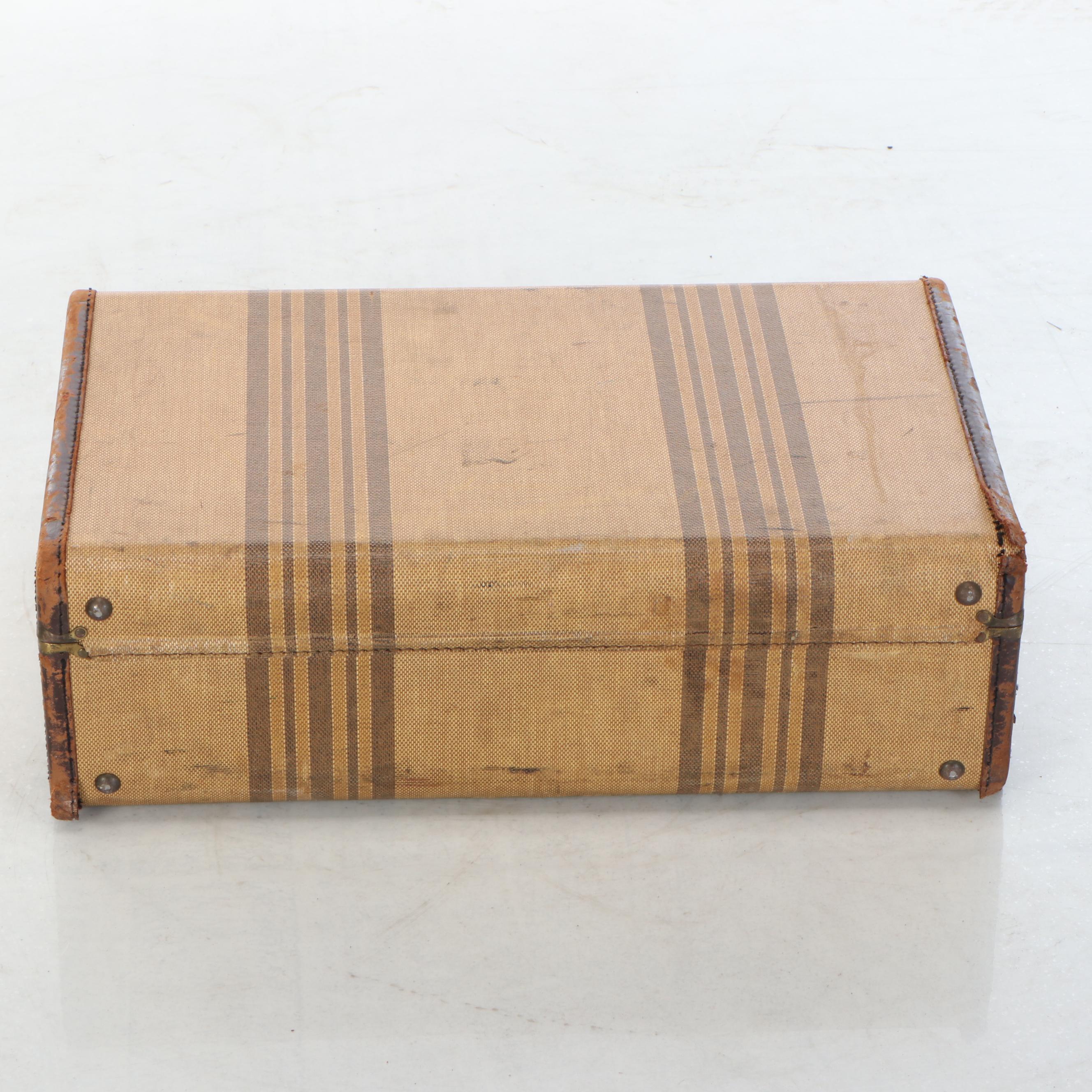 Art Deco Style Striped Canvas and Leather Suitcase, Early to Mid-20th Century