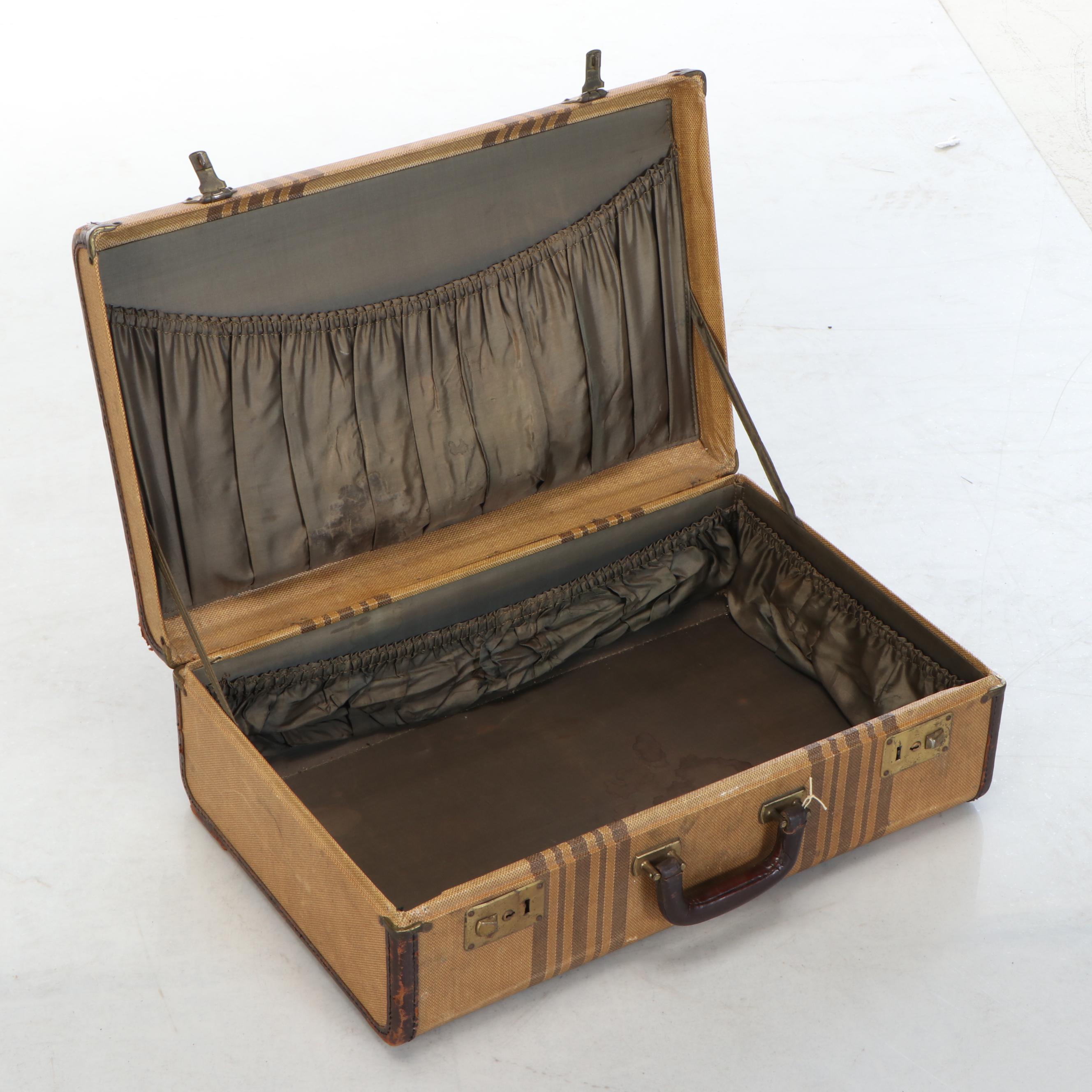 Art Deco Style Striped Canvas and Leather Suitcase, Early to Mid-20th Century