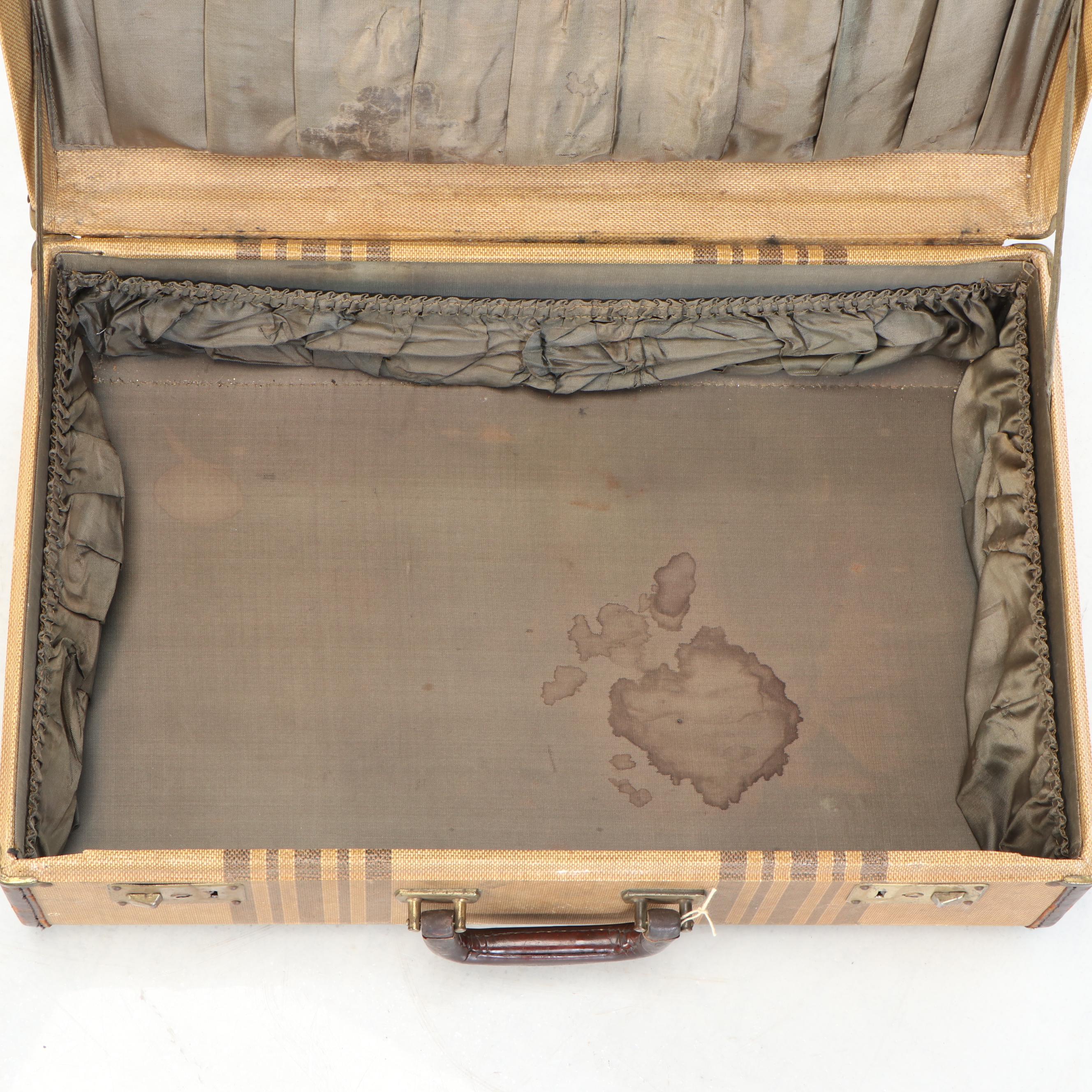 Art Deco Style Striped Canvas and Leather Suitcase, Early to Mid-20th Century