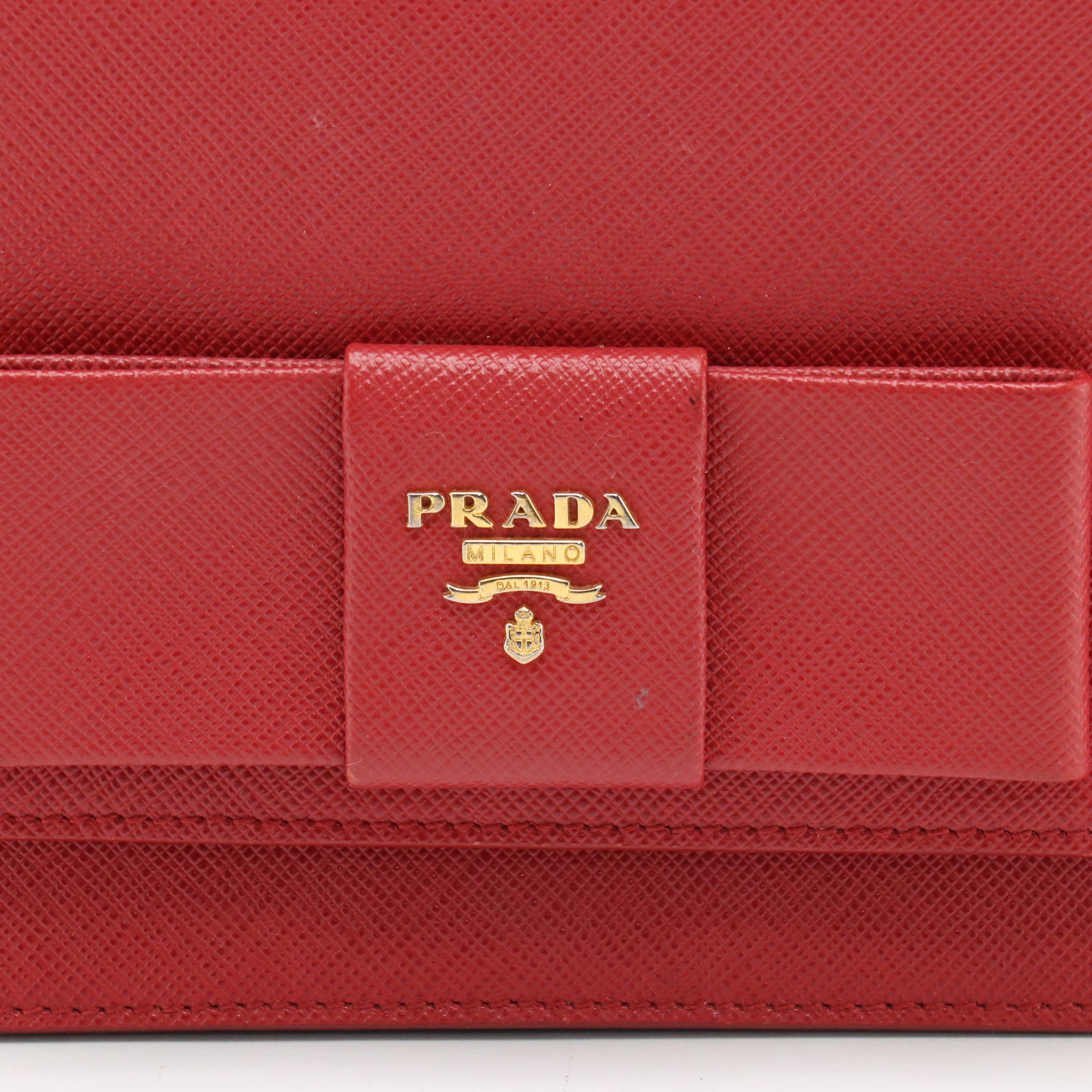 Prada Bow Flap Crossbody Clutch in Red Saffiano Leather
