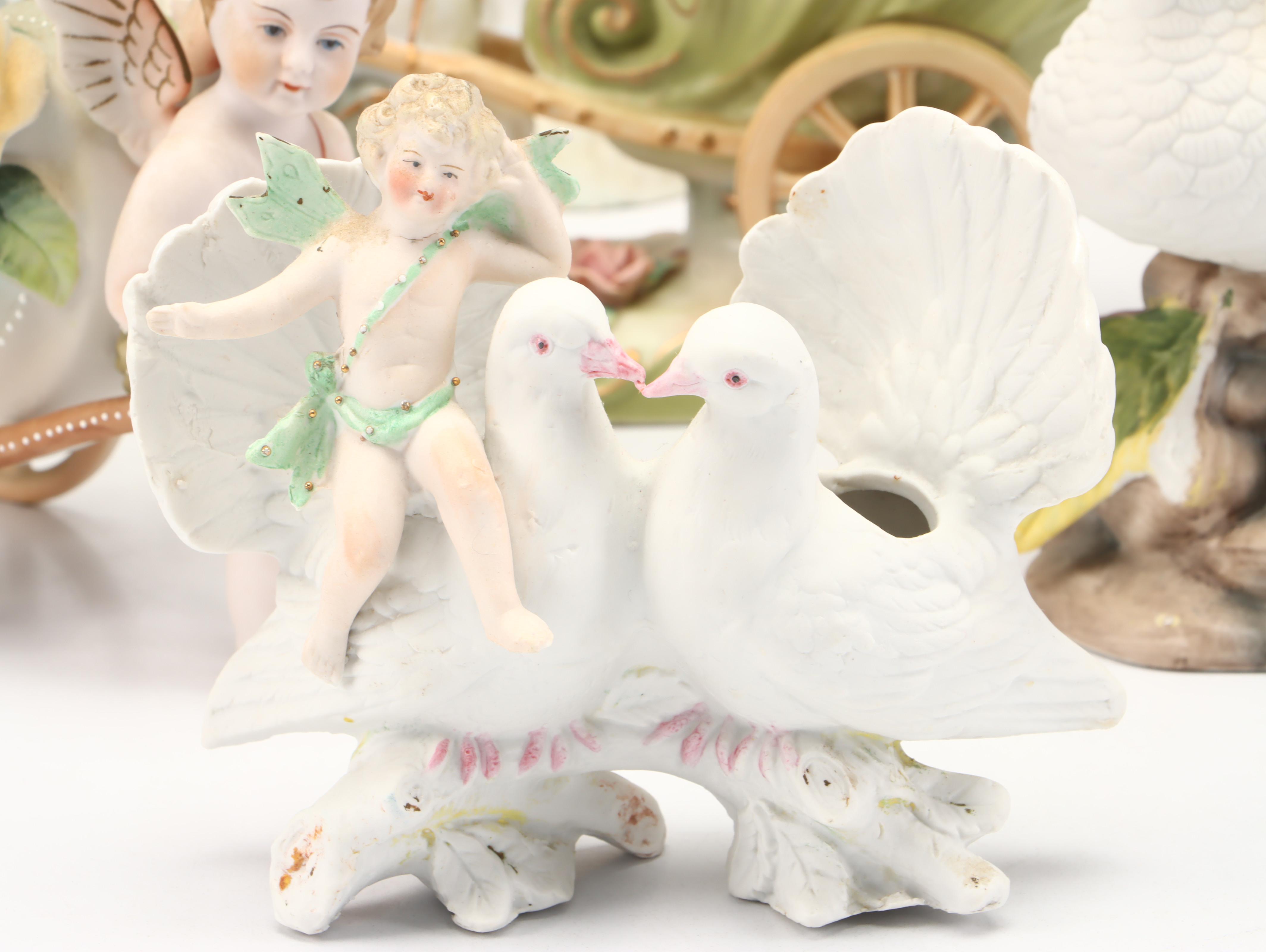 Moriyama China Putto Pulling Cart with Lefton Cart and More Porcelain Figurines