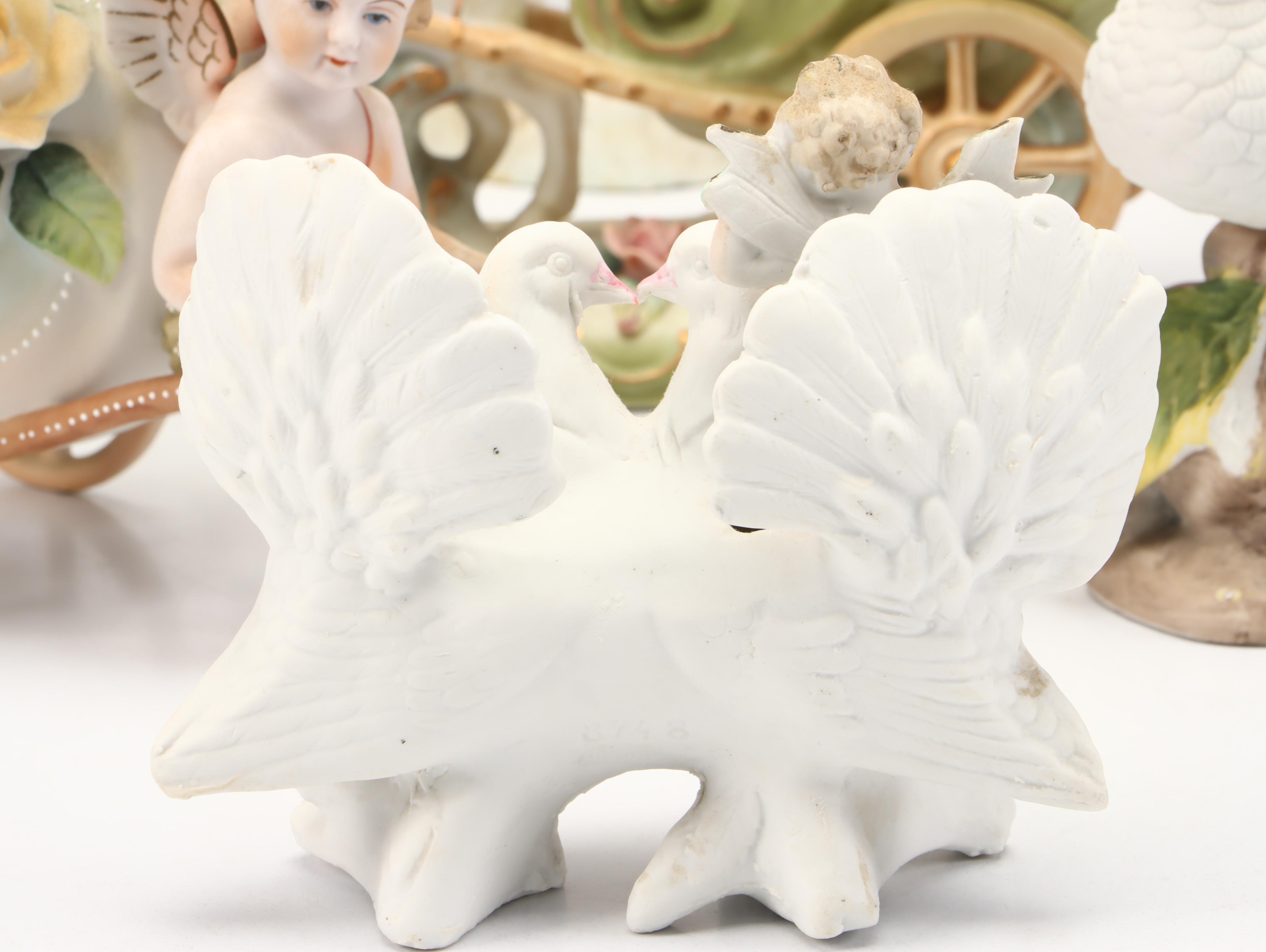 Moriyama China Putto Pulling Cart with Lefton Cart and More Porcelain Figurines
