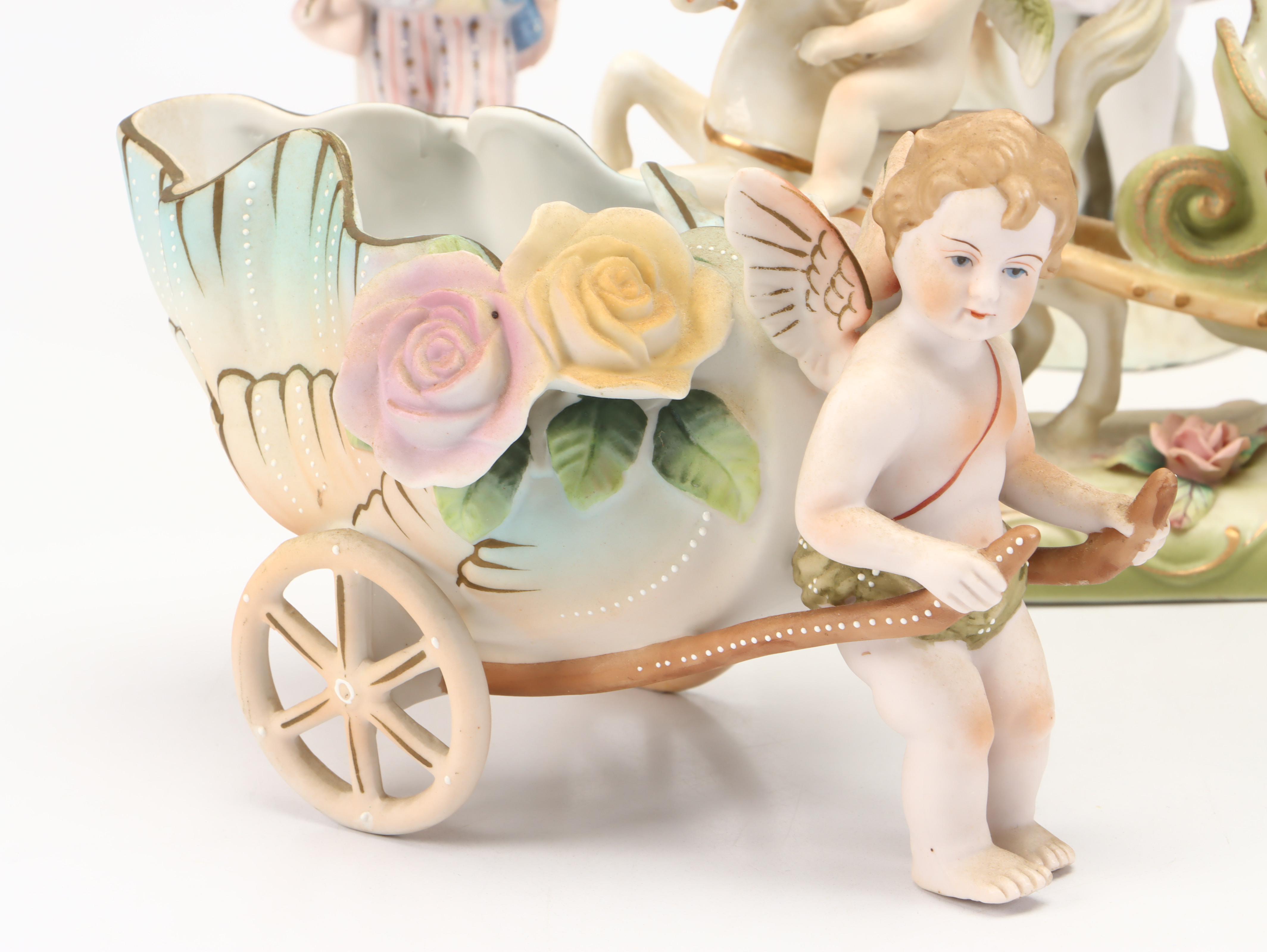 Moriyama China Putto Pulling Cart with Lefton Cart and More Porcelain Figurines