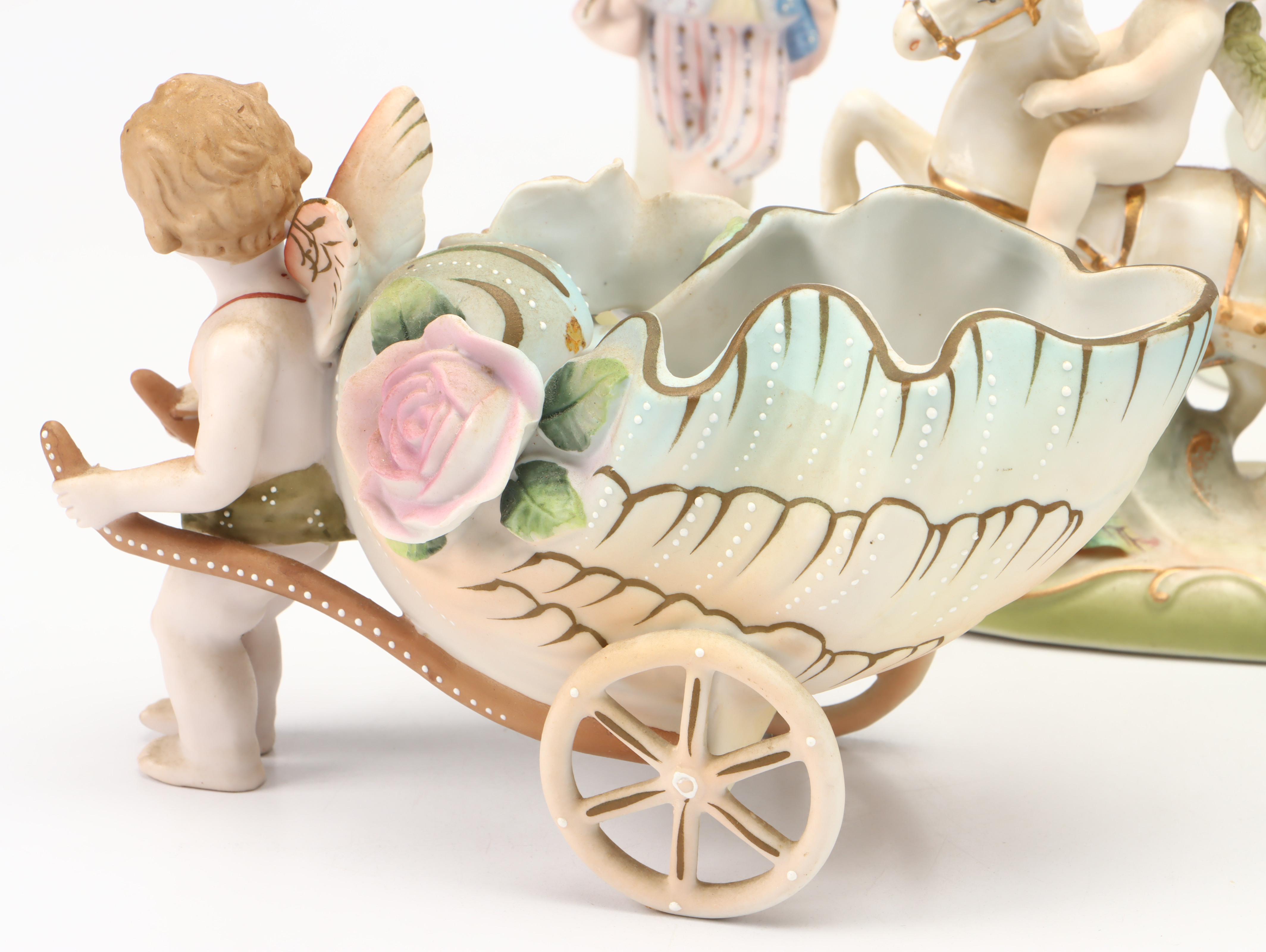 Moriyama China Putto Pulling Cart with Lefton Cart and More Porcelain Figurines