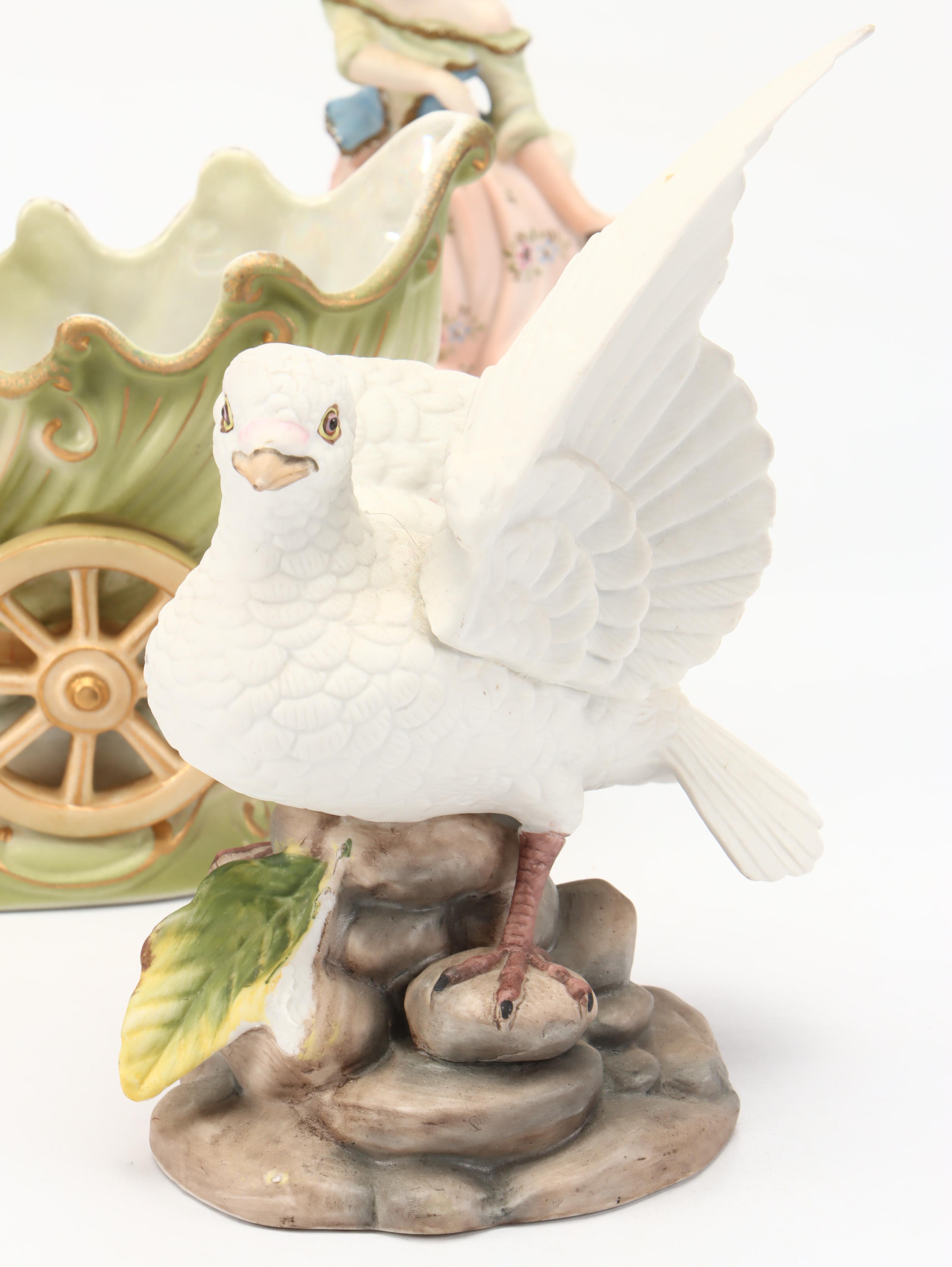 Moriyama China Putto Pulling Cart with Lefton Cart and More Porcelain Figurines