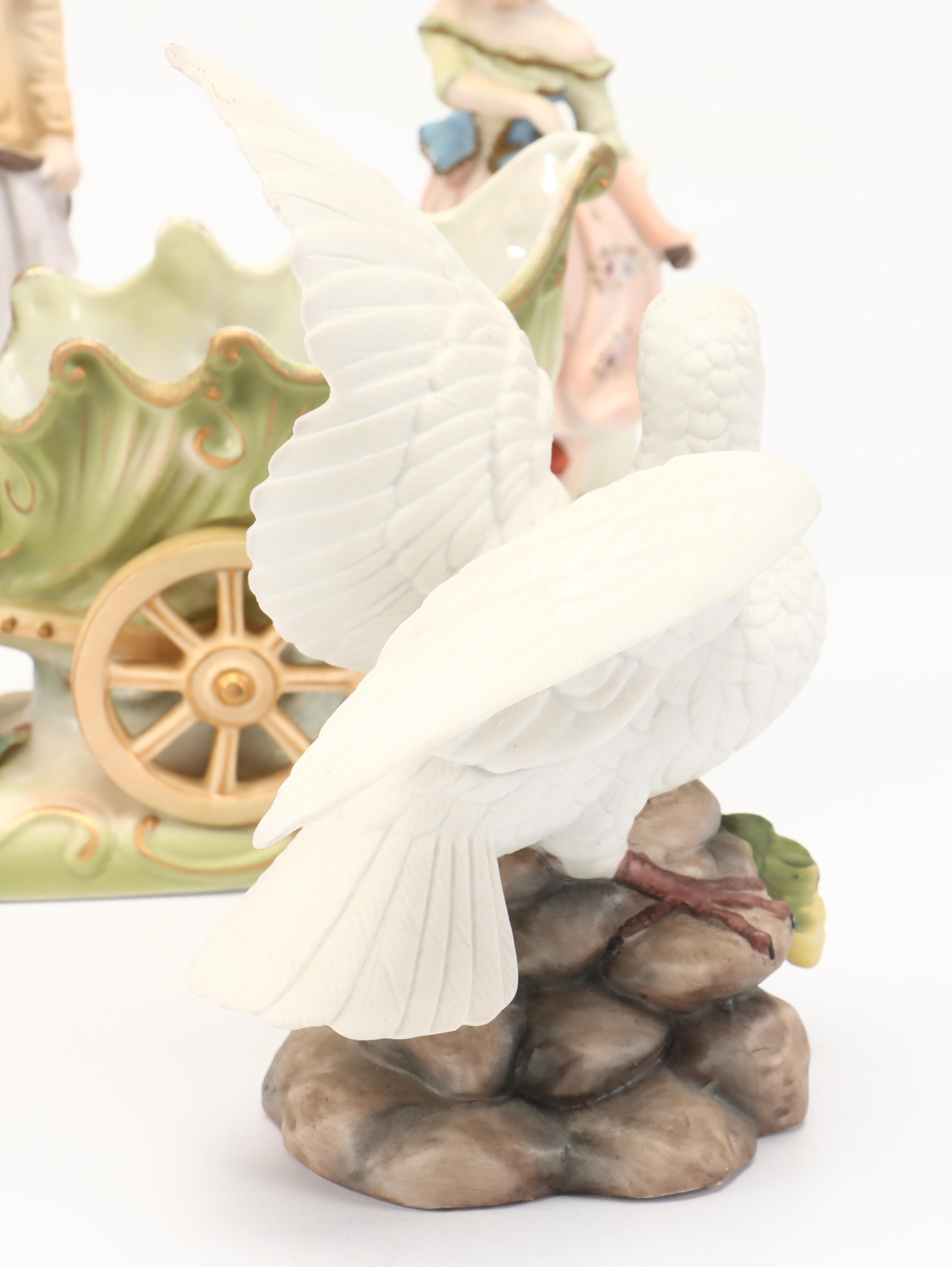 Moriyama China Putto Pulling Cart with Lefton Cart and More Porcelain Figurines