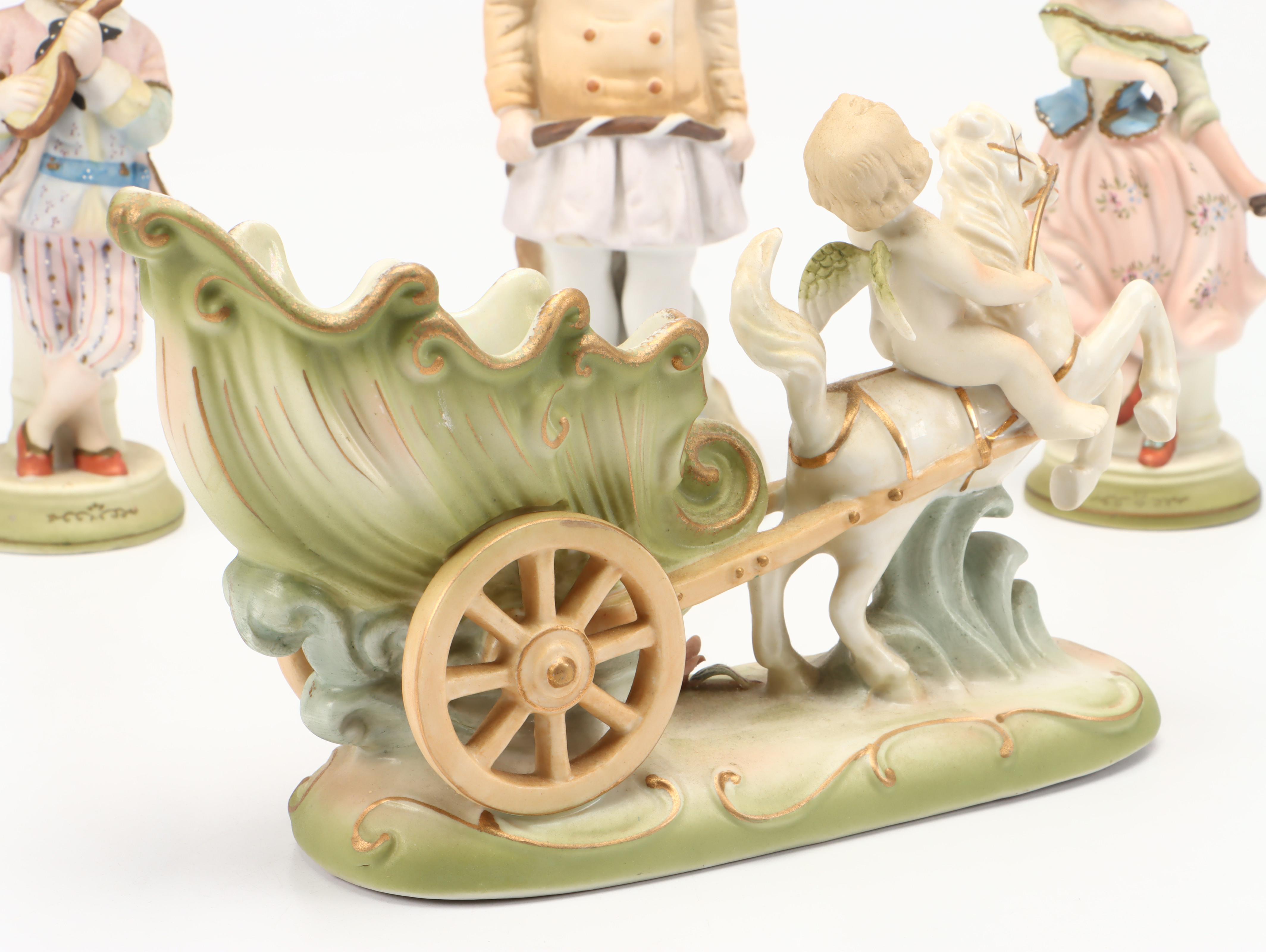 Moriyama China Putto Pulling Cart with Lefton Cart and More Porcelain Figurines