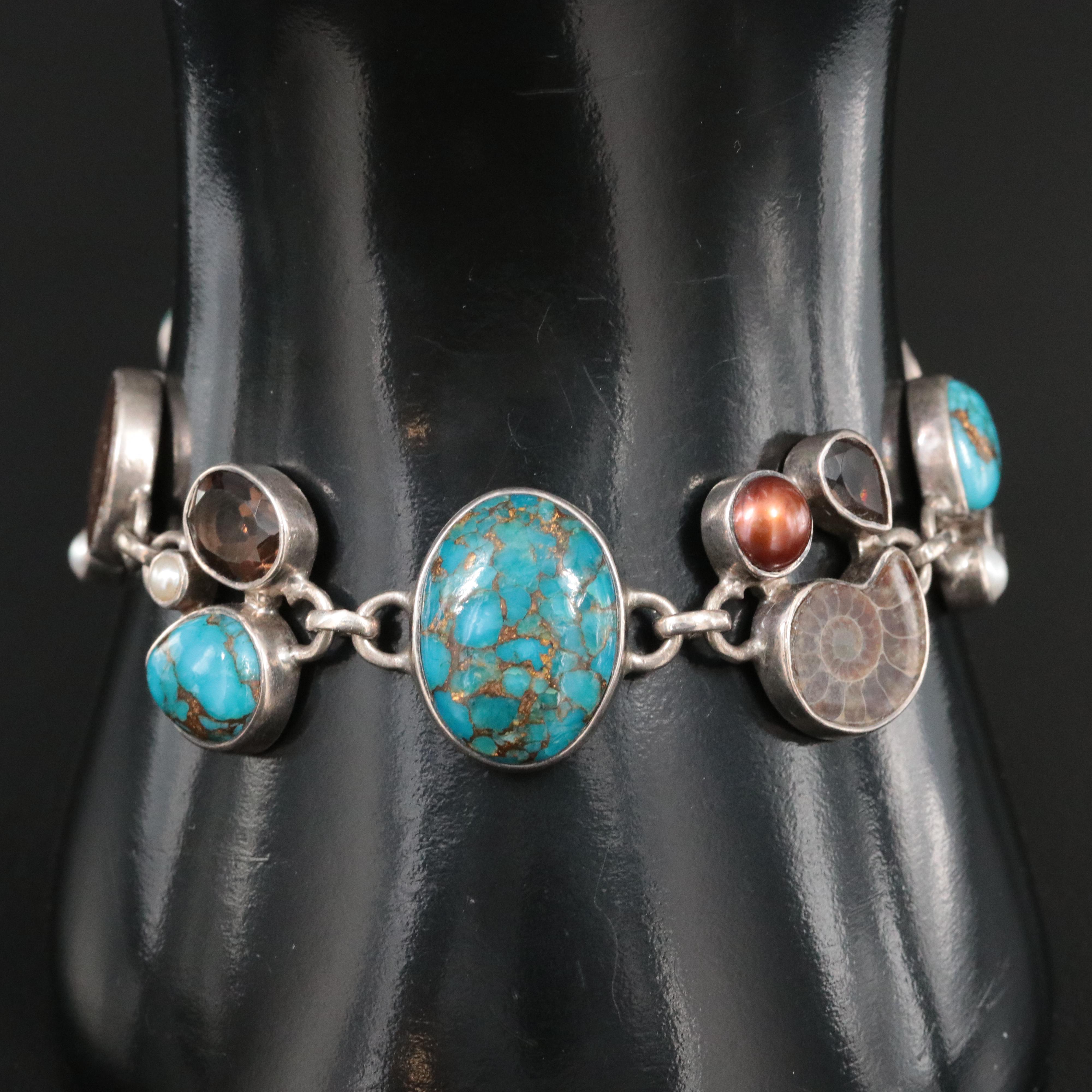 Sterling Ammonite, Turquoise and Pearl Bracelet