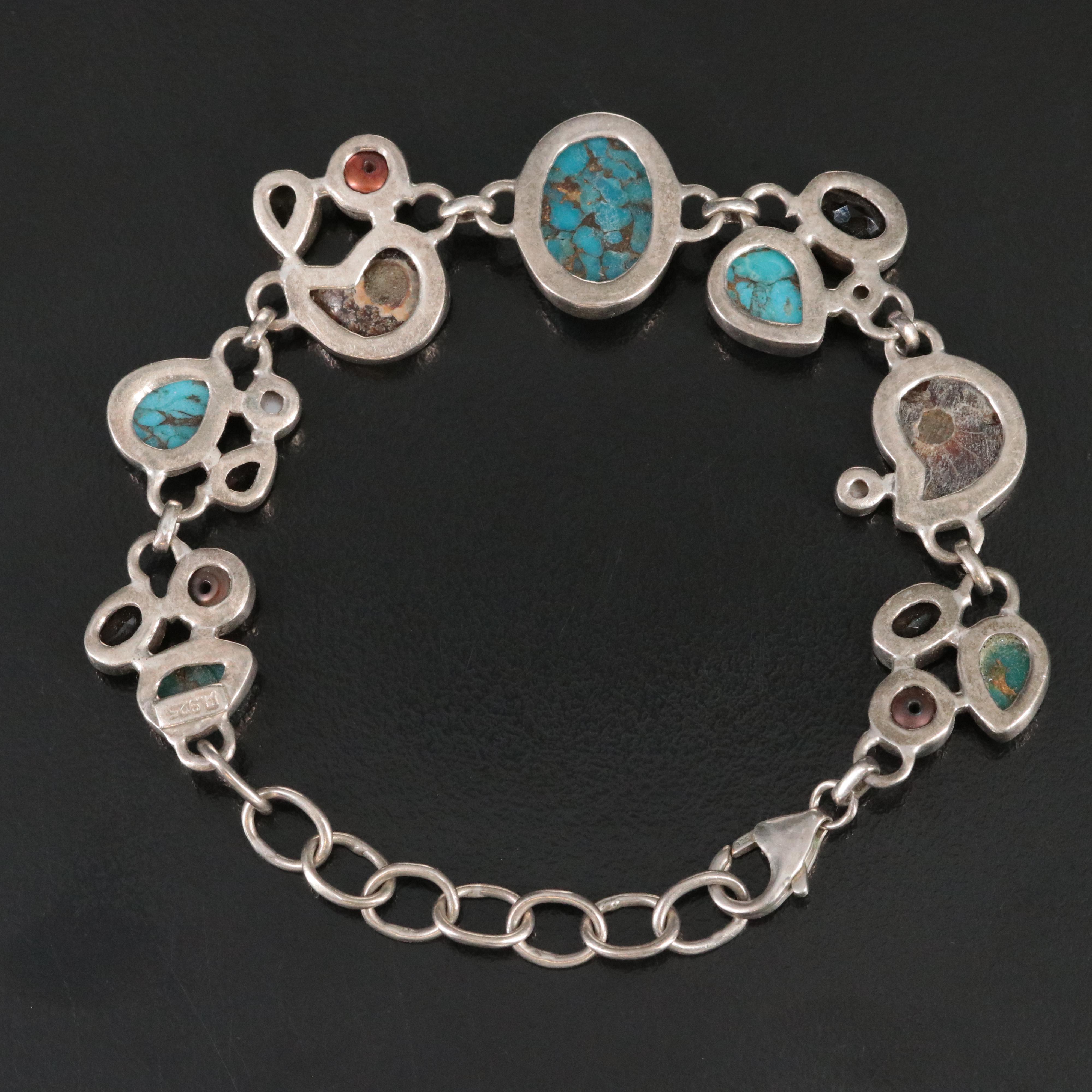 Sterling Ammonite, Turquoise and Pearl Bracelet