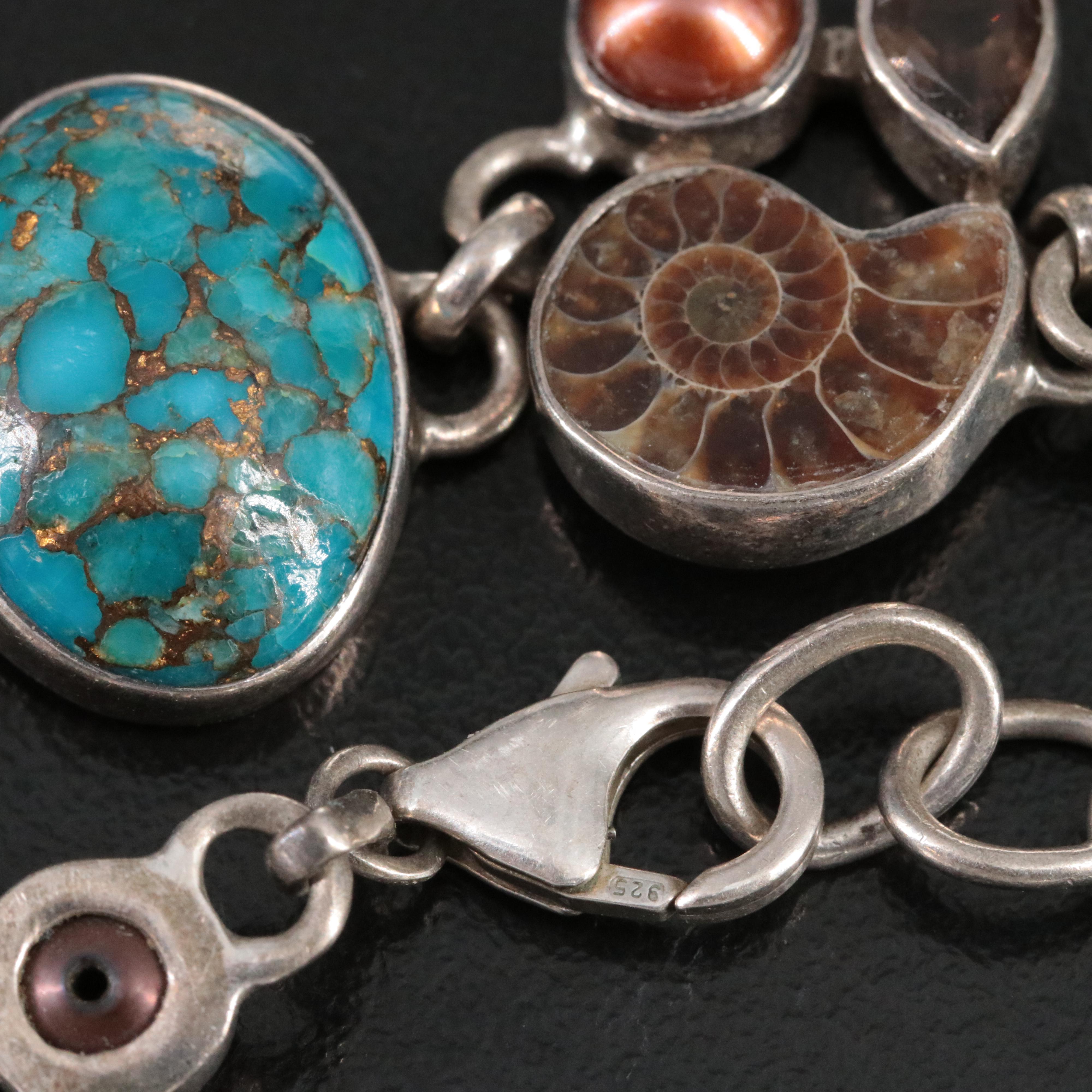 Sterling Ammonite, Turquoise and Pearl Bracelet