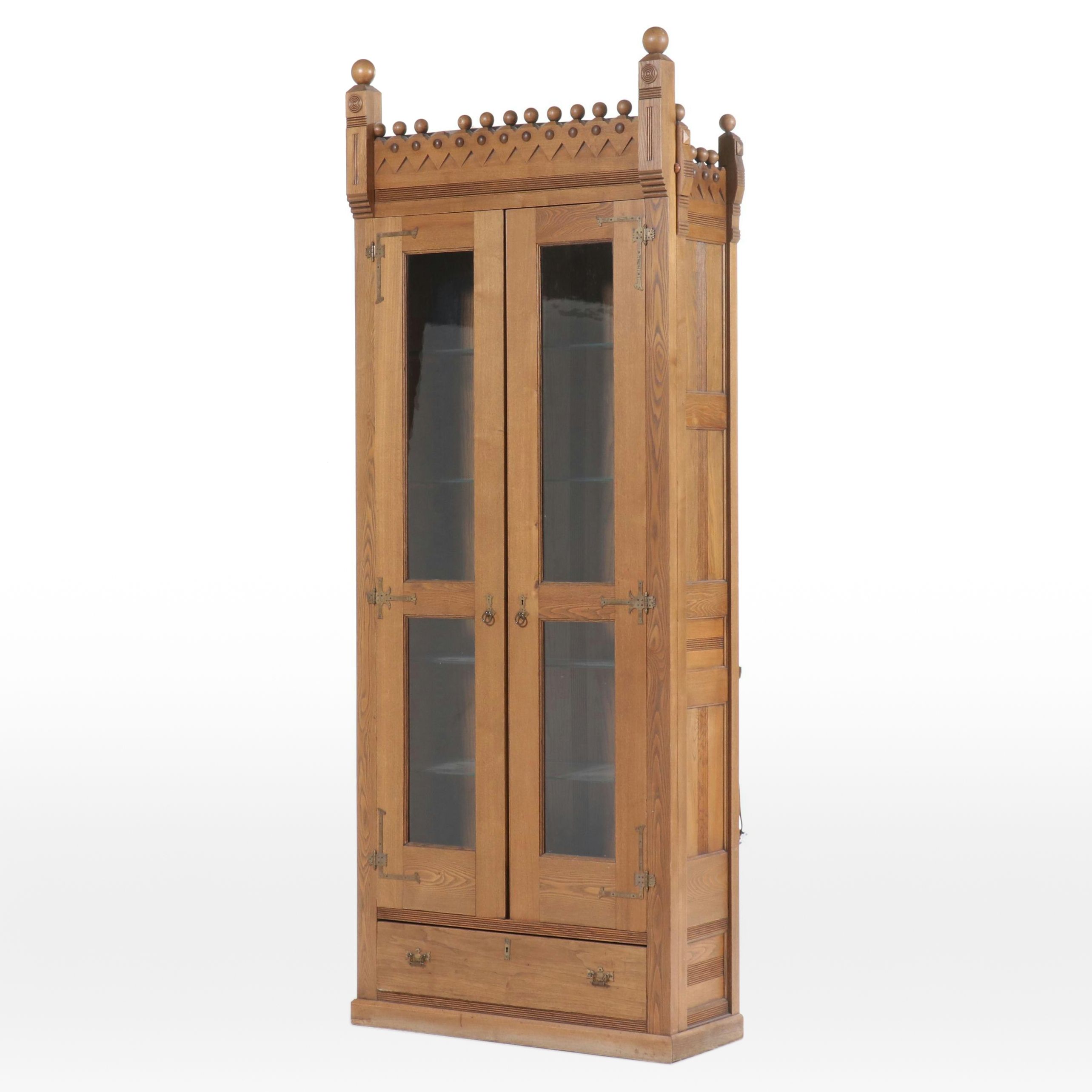 Eastlake Style Oak Illuminated Display Cabinet, 20th Century