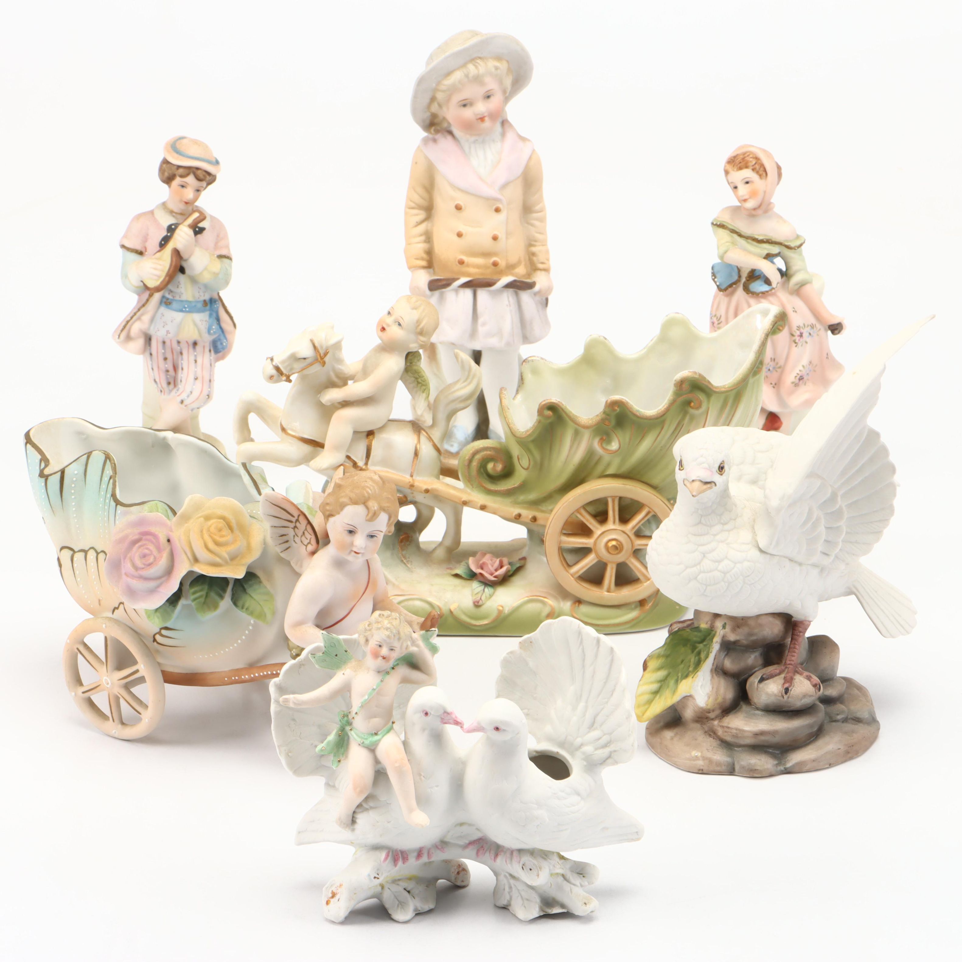 Moriyama China Putto Pulling Cart with Lefton Cart and More Porcelain Figurines