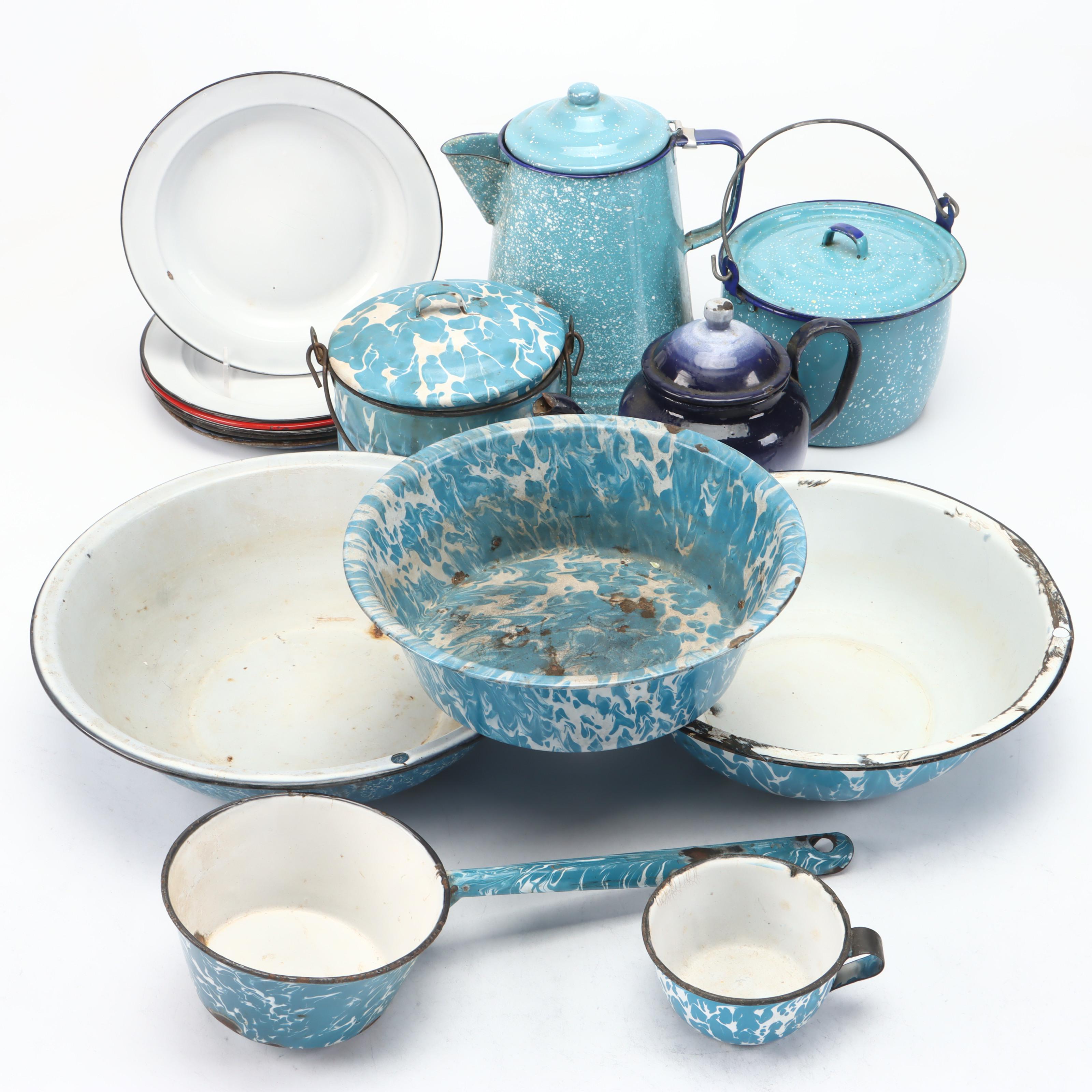 Blue Splatter Enamelware Pitcher, Lidded Pots and More