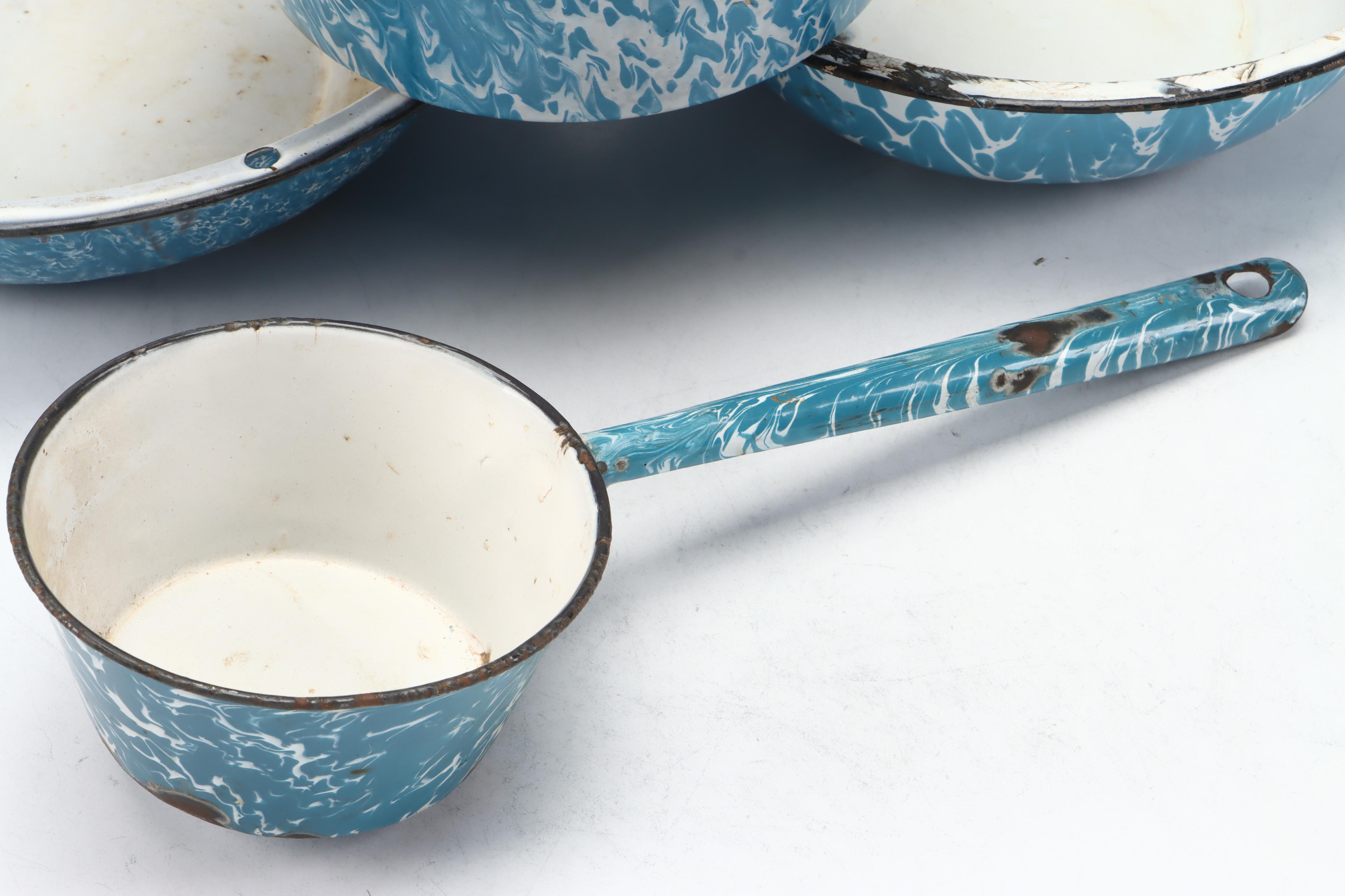 Blue Splatter Enamelware Pitcher, Lidded Pots and More