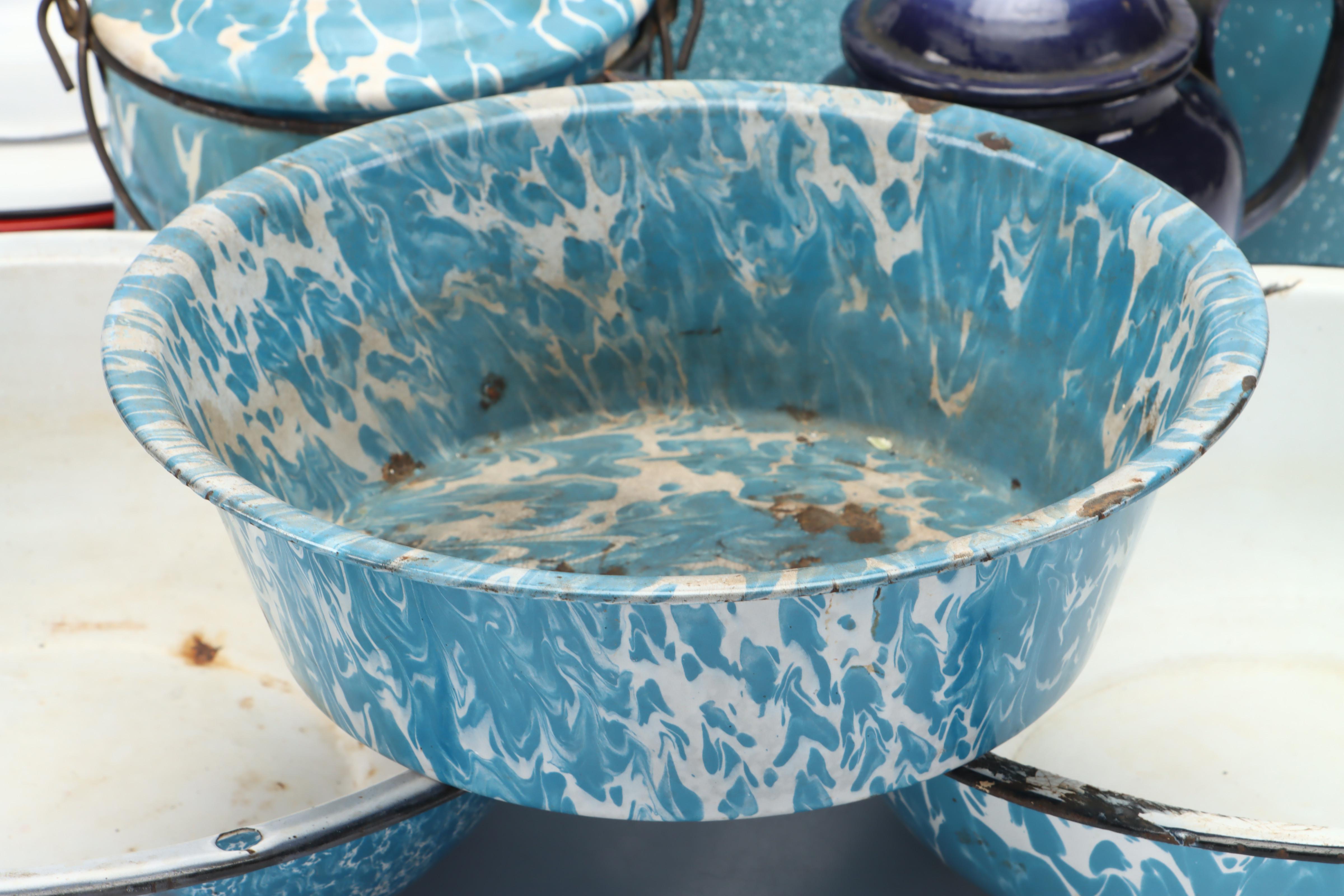 Blue Splatter Enamelware Pitcher, Lidded Pots and More