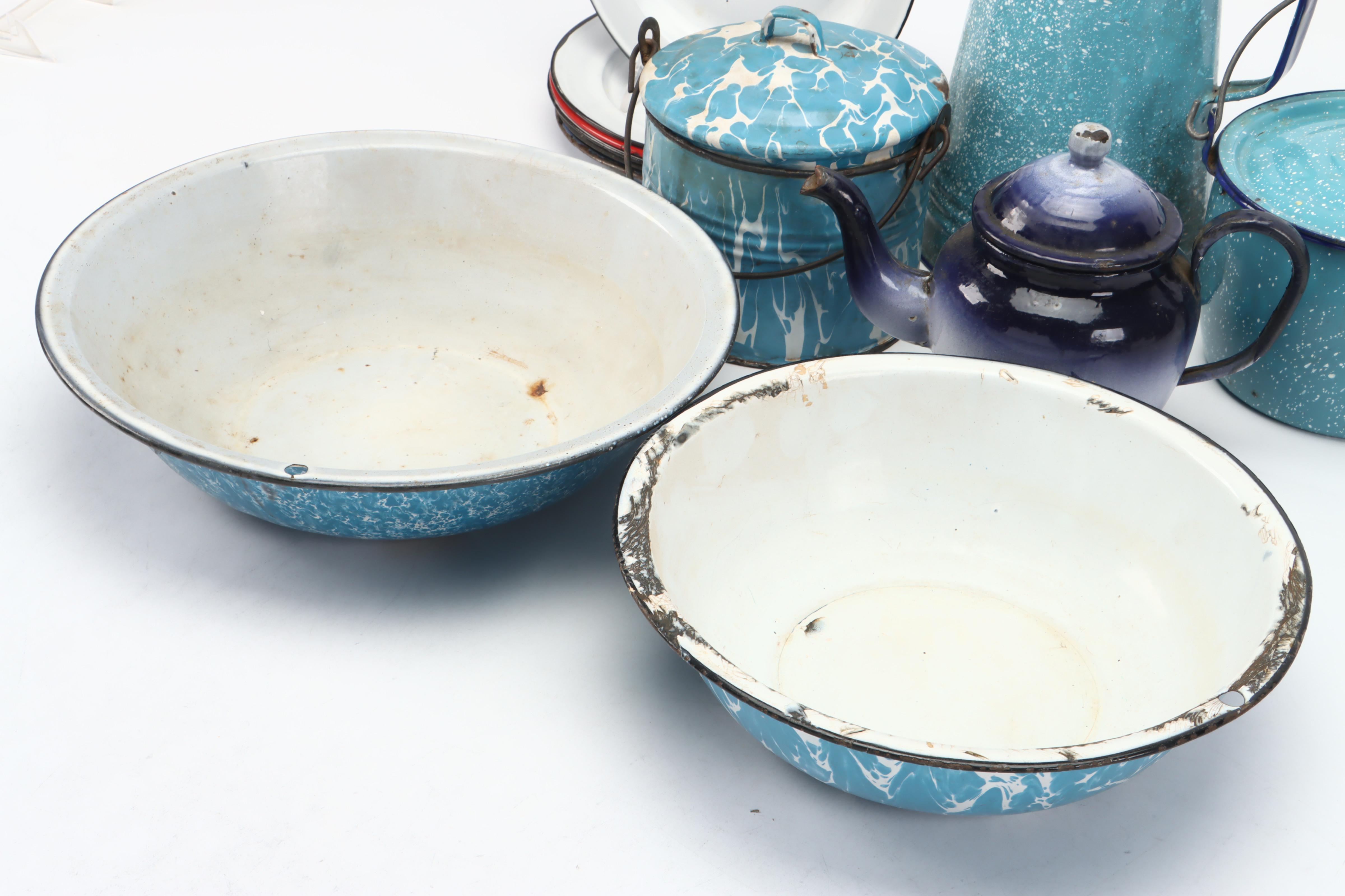 Blue Splatter Enamelware Pitcher, Lidded Pots and More