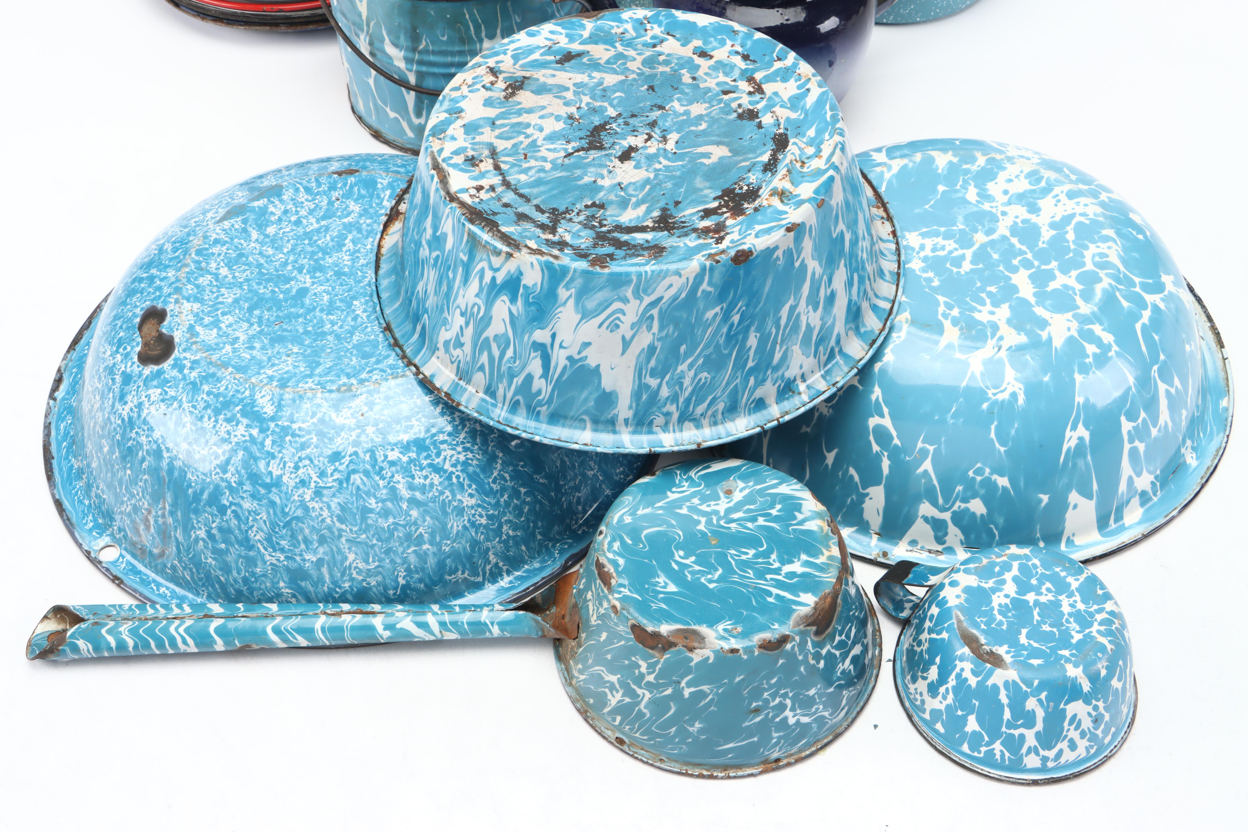 Blue Splatter Enamelware Pitcher, Lidded Pots and More