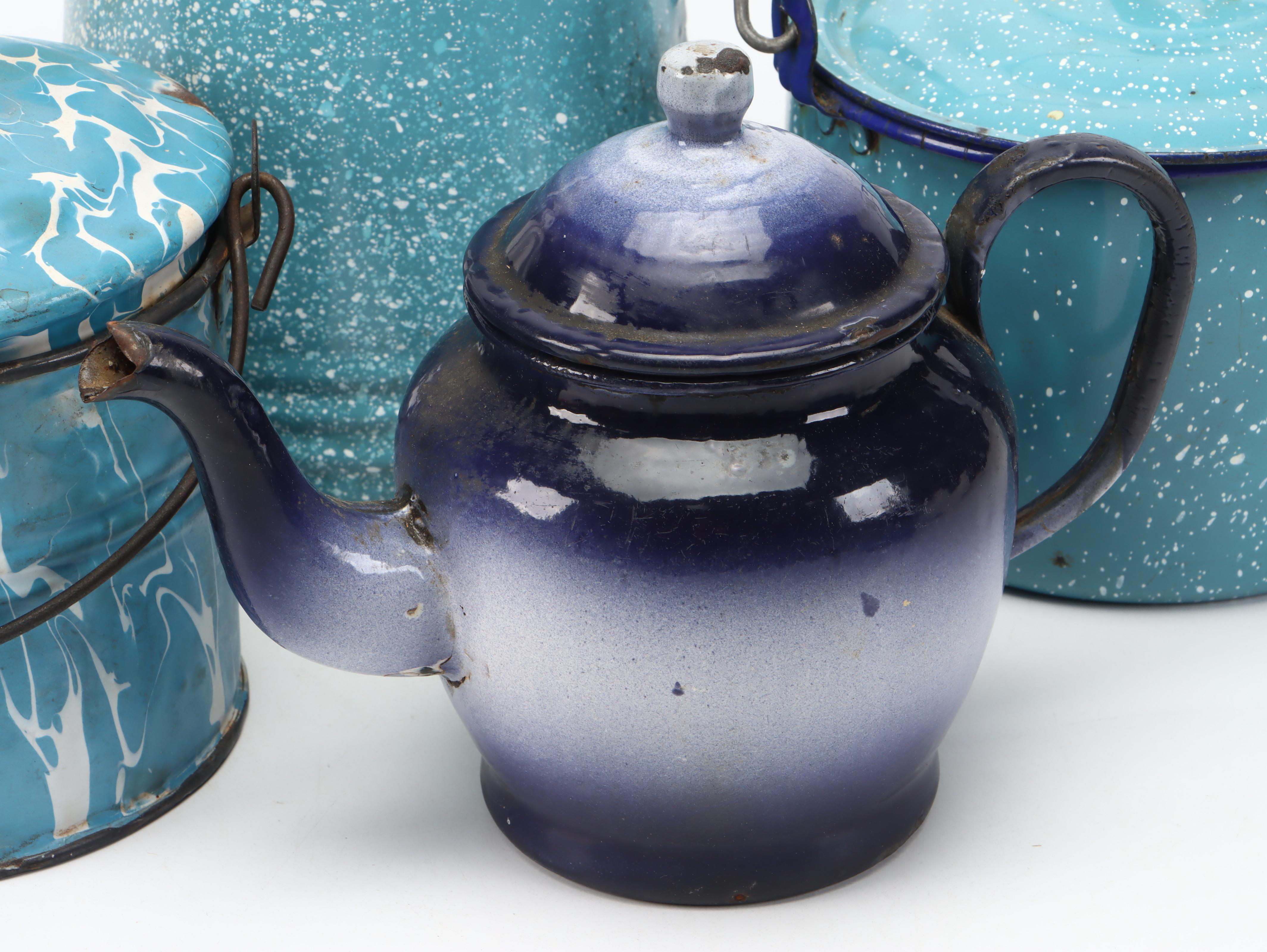 Blue Splatter Enamelware Pitcher, Lidded Pots and More