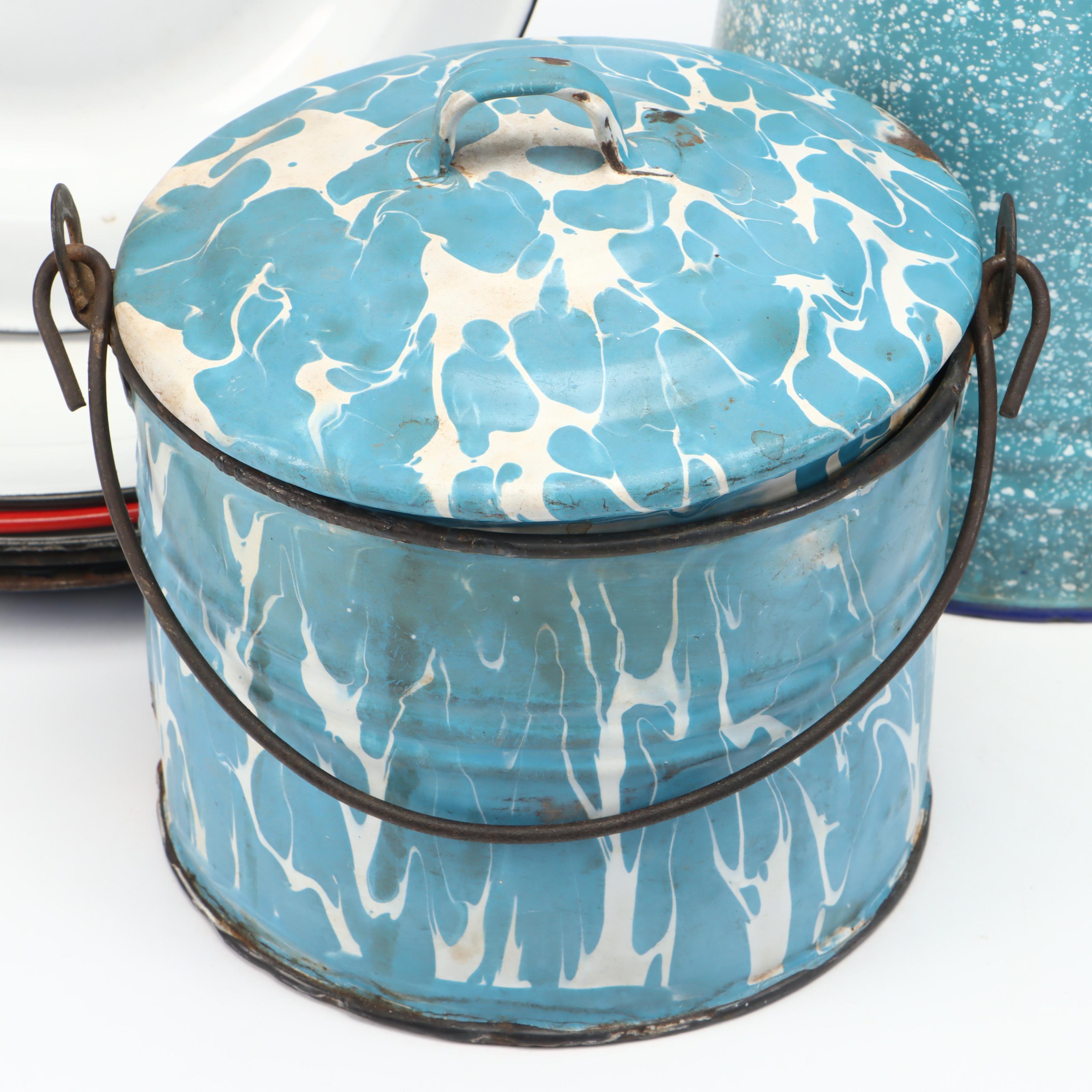 Blue Splatter Enamelware Pitcher, Lidded Pots and More