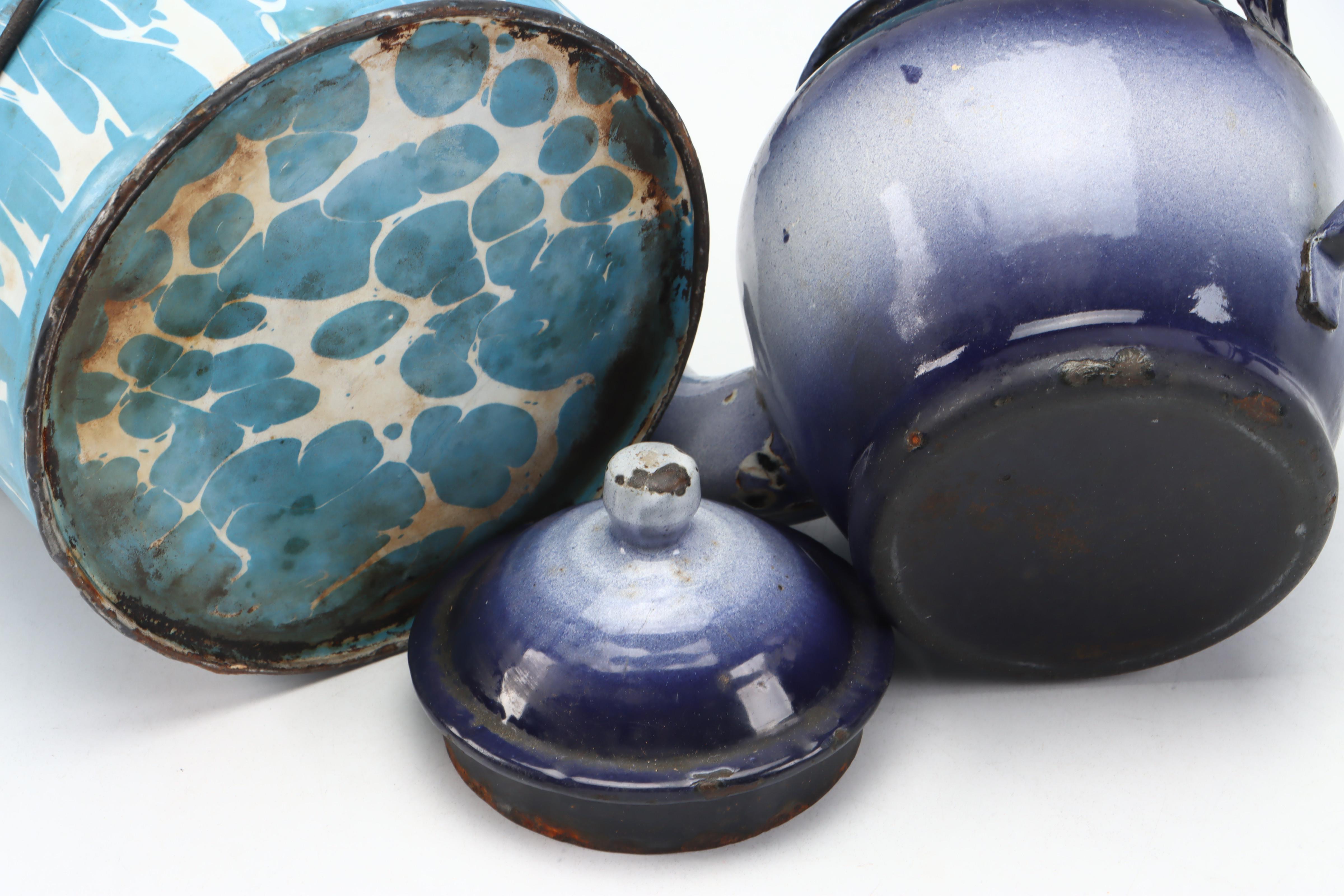 Blue Splatter Enamelware Pitcher, Lidded Pots and More