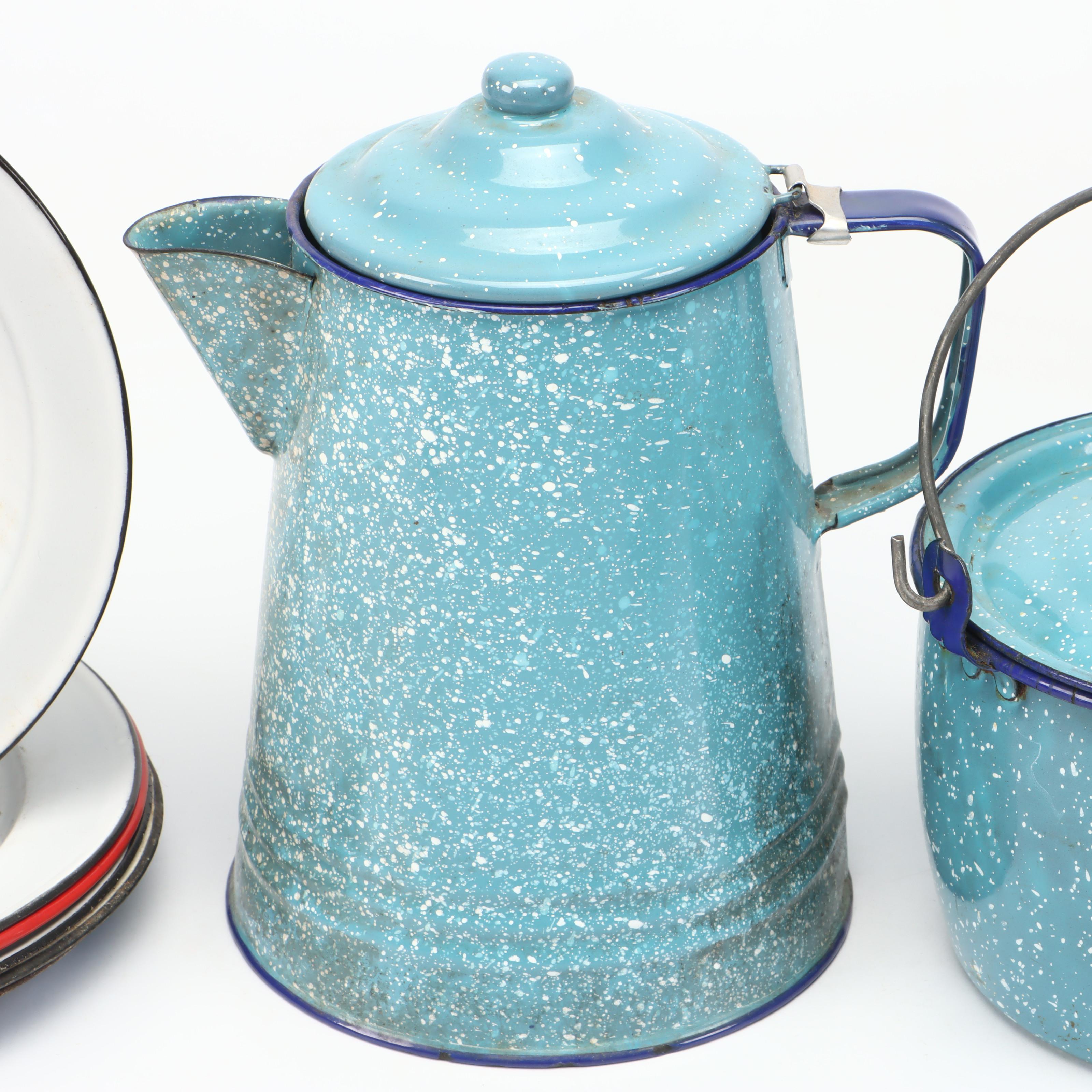 Blue Splatter Enamelware Pitcher, Lidded Pots and More